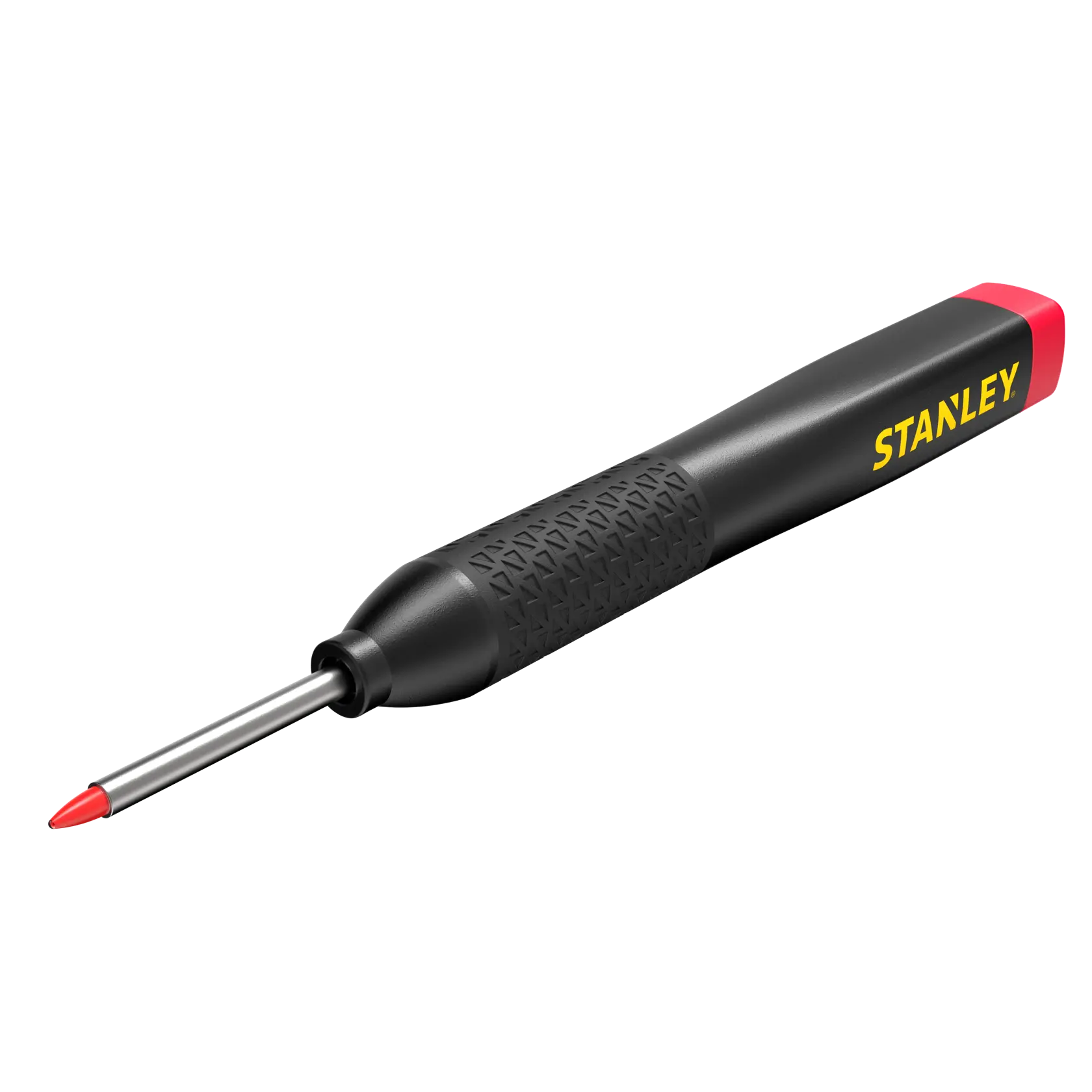 STANLEY STHT47005 black and red automatic center punch, textured grip, angled on white background.