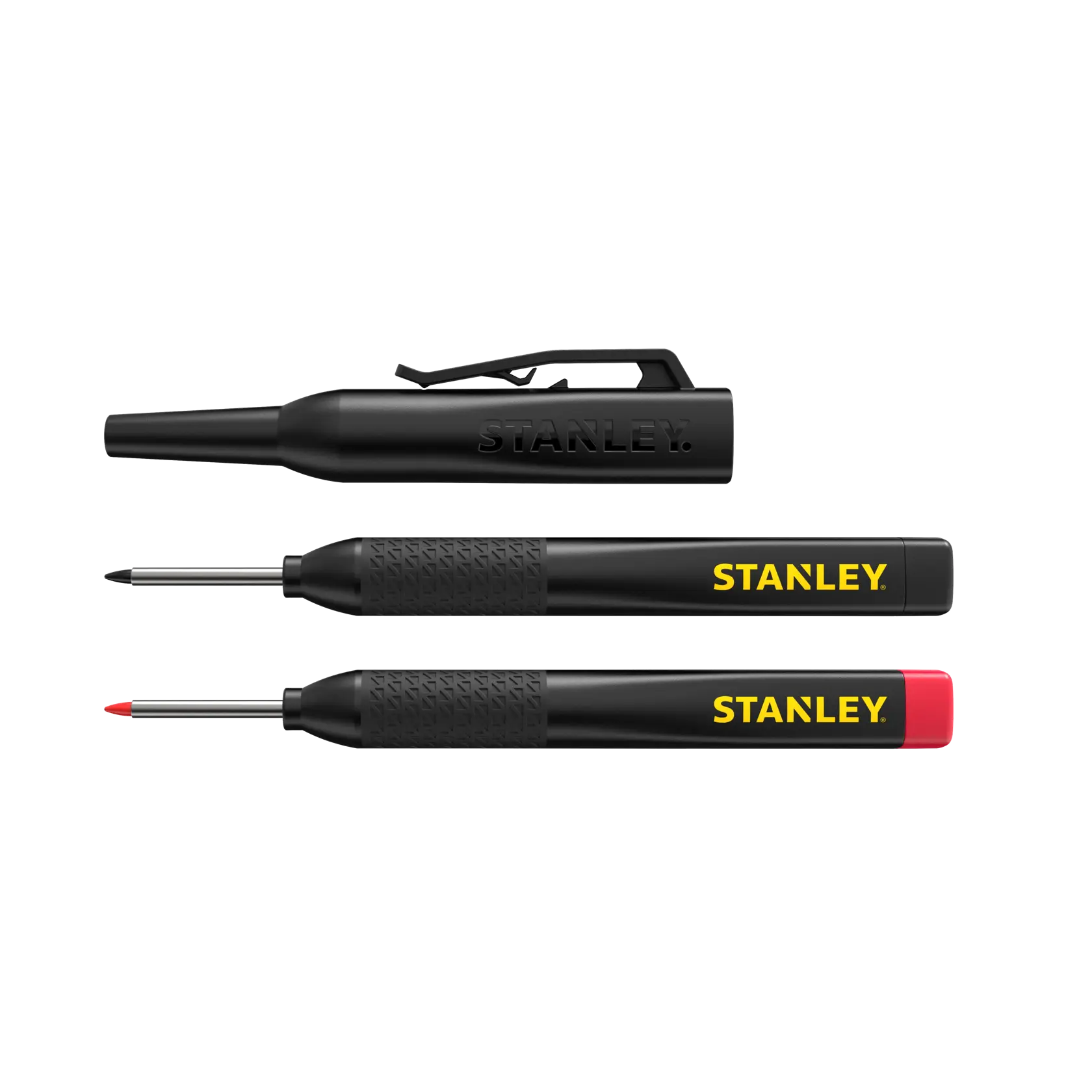 STANLEY STHT47011 black fine tip marker set, two markers with yellow logo, one with red cap, top-down view.