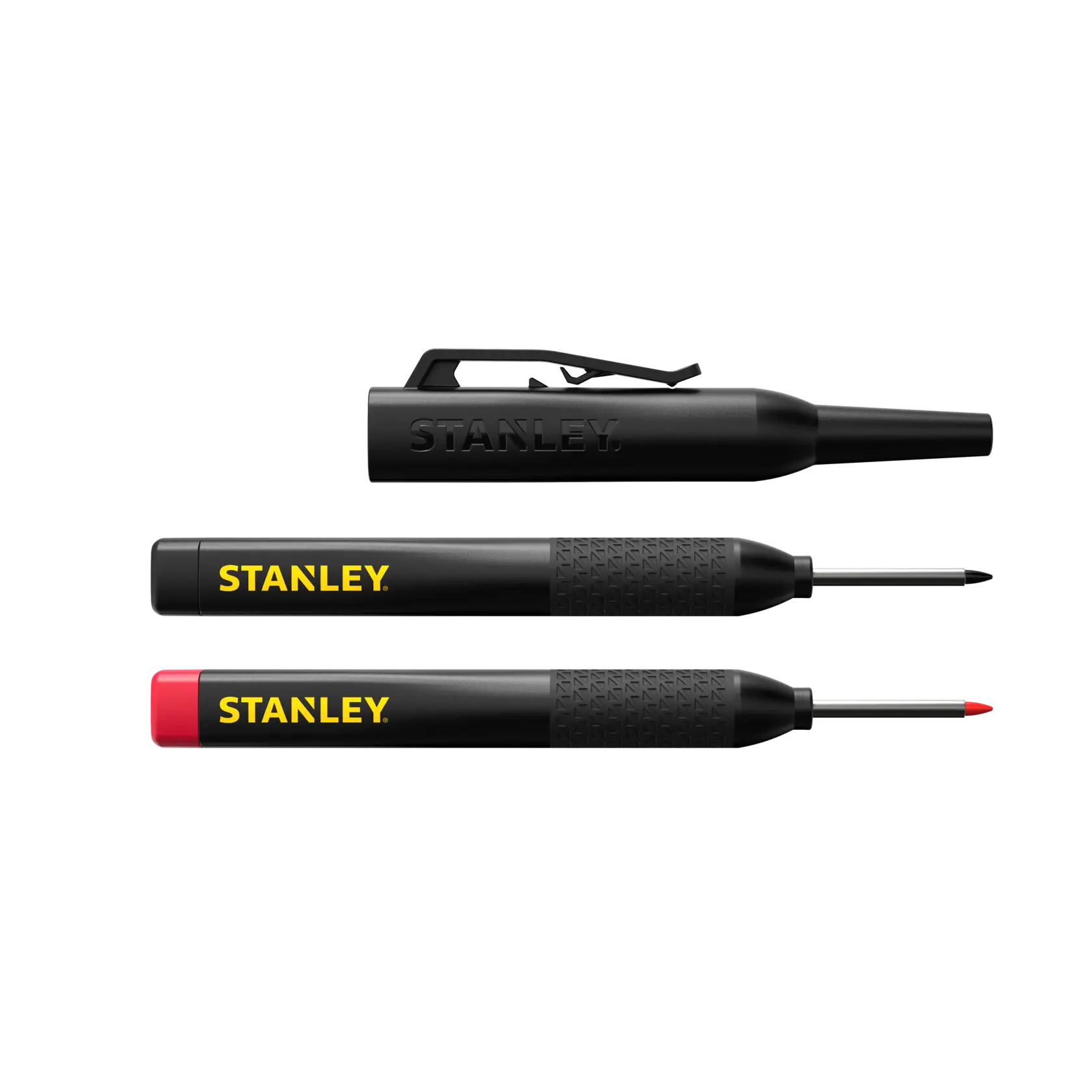 STANLEY STHT47011 black and red fine tip markers set, side view on white background.