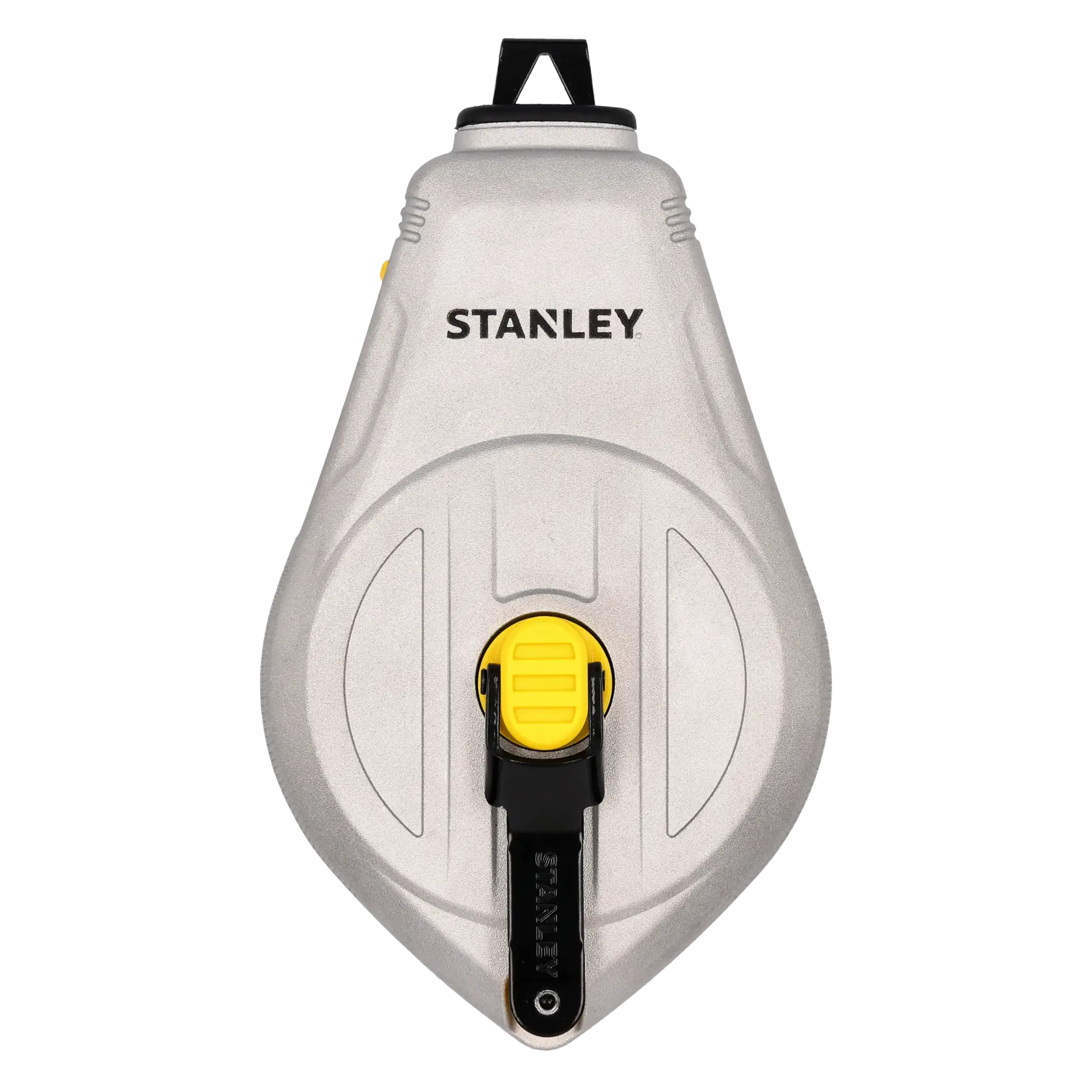 STANLEY STHT47110-0 chalk line reel in silver with yellow details, front angle on white background.