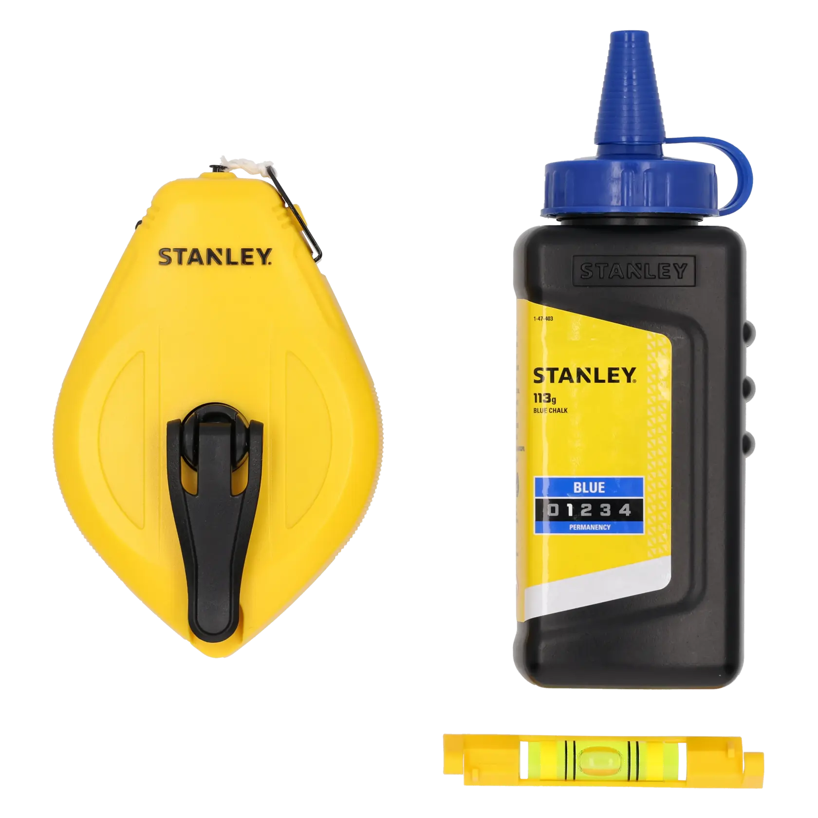 STANLEY STHT47113-0 photography of yellow chalk reel, blue chalk bottle, and yellow spirit level, front angle.