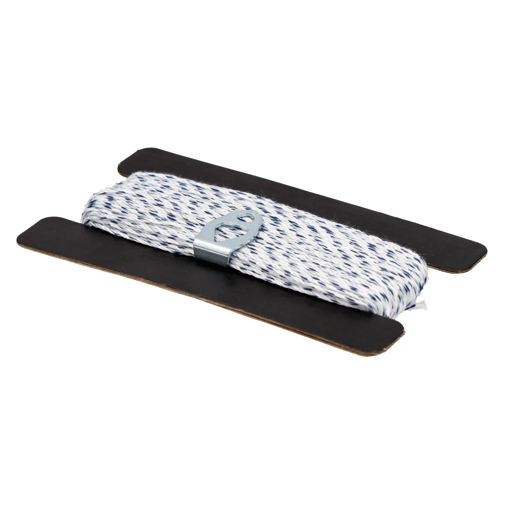 STANLEY STHT47313-0 braided white and blue chalk line on black card, angled view.