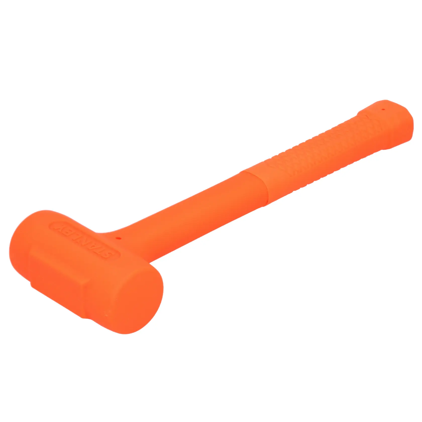 STANLEY STHT57530-0 orange dead blow hammer with textured grip, angled side view on white background.