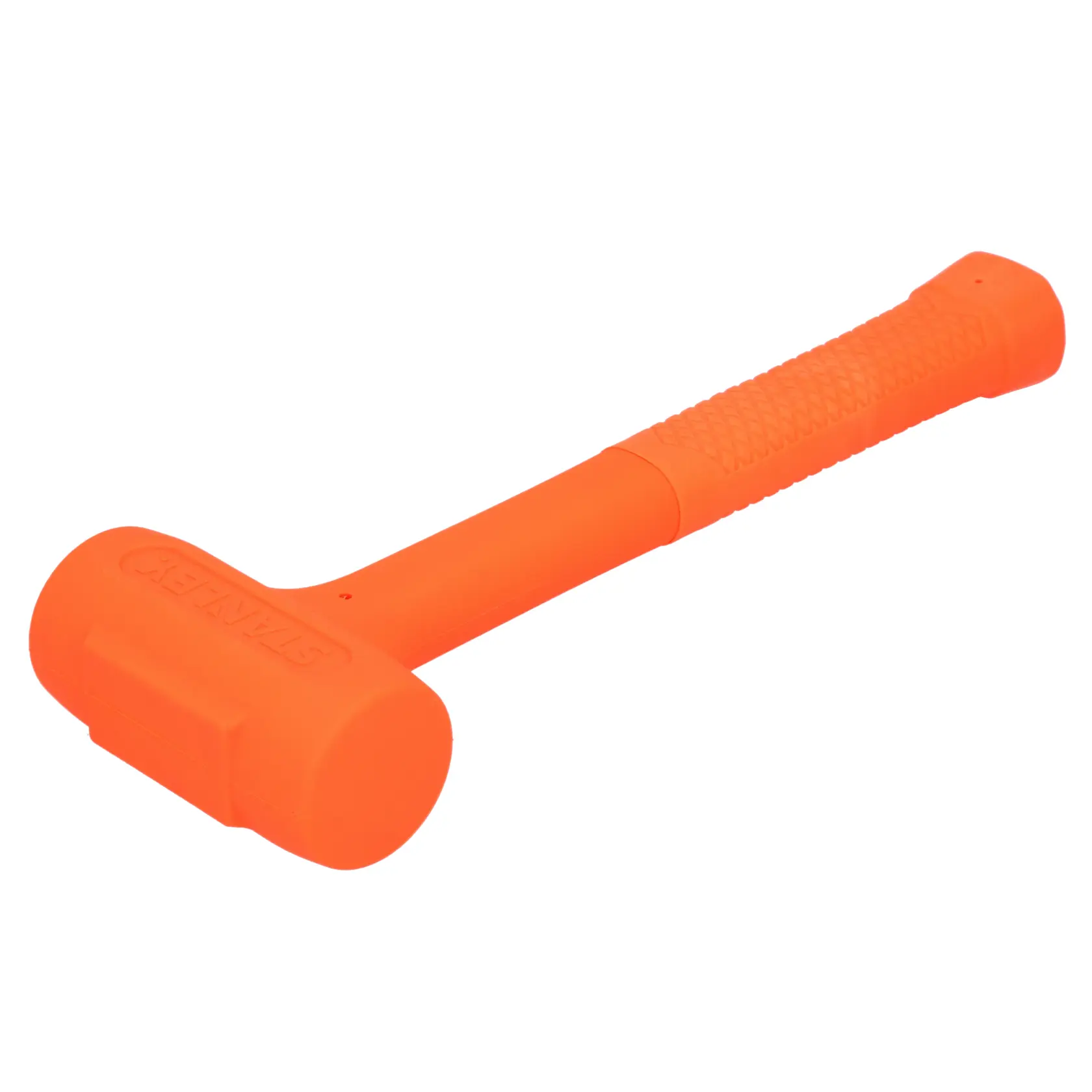 Photo of STANLEY STHT57531-0 orange dead blow hammer, textured handle, side angle on white background.