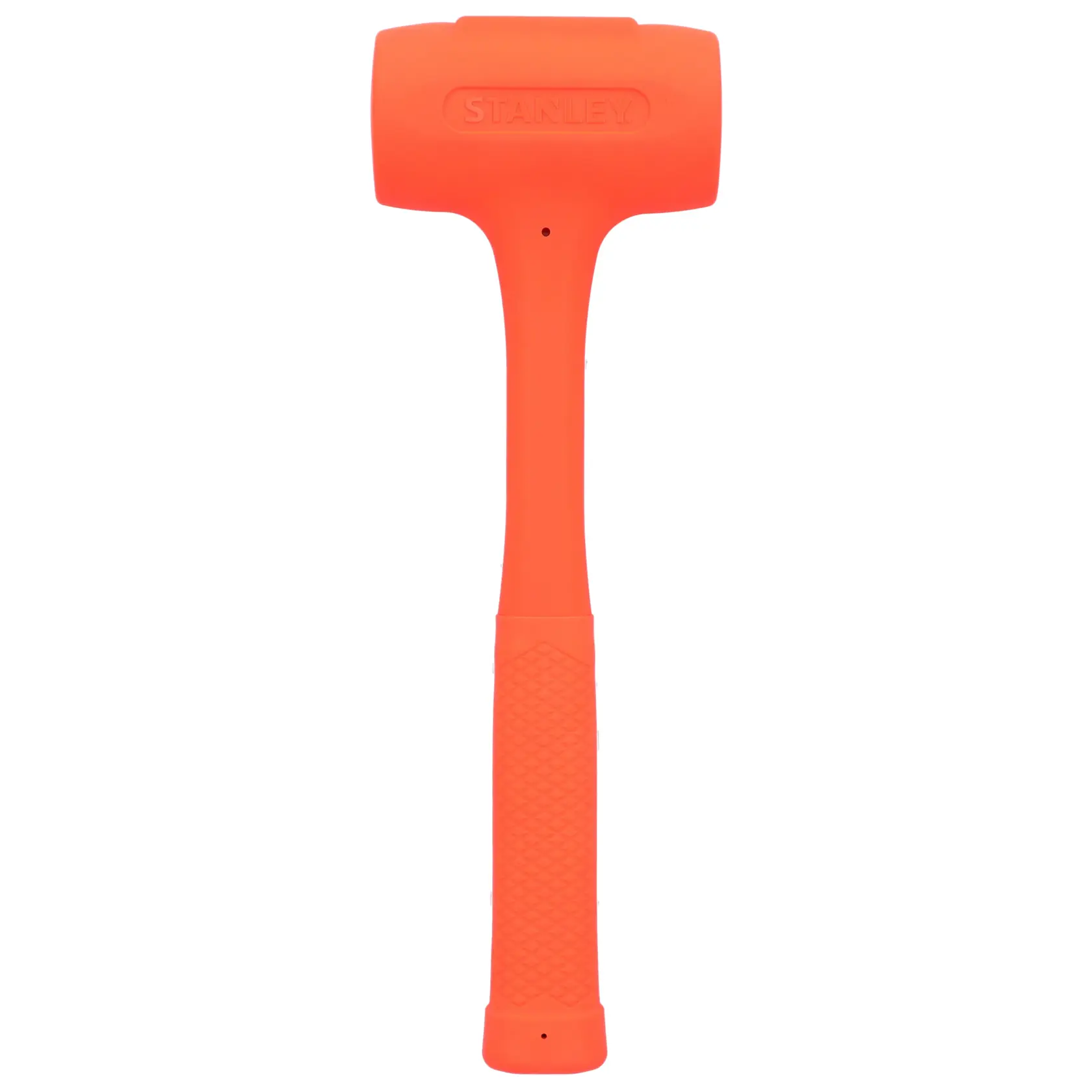 STANLEY STHT57533-0 dead blow hammer, bright orange, rubber handle, front view on white background.