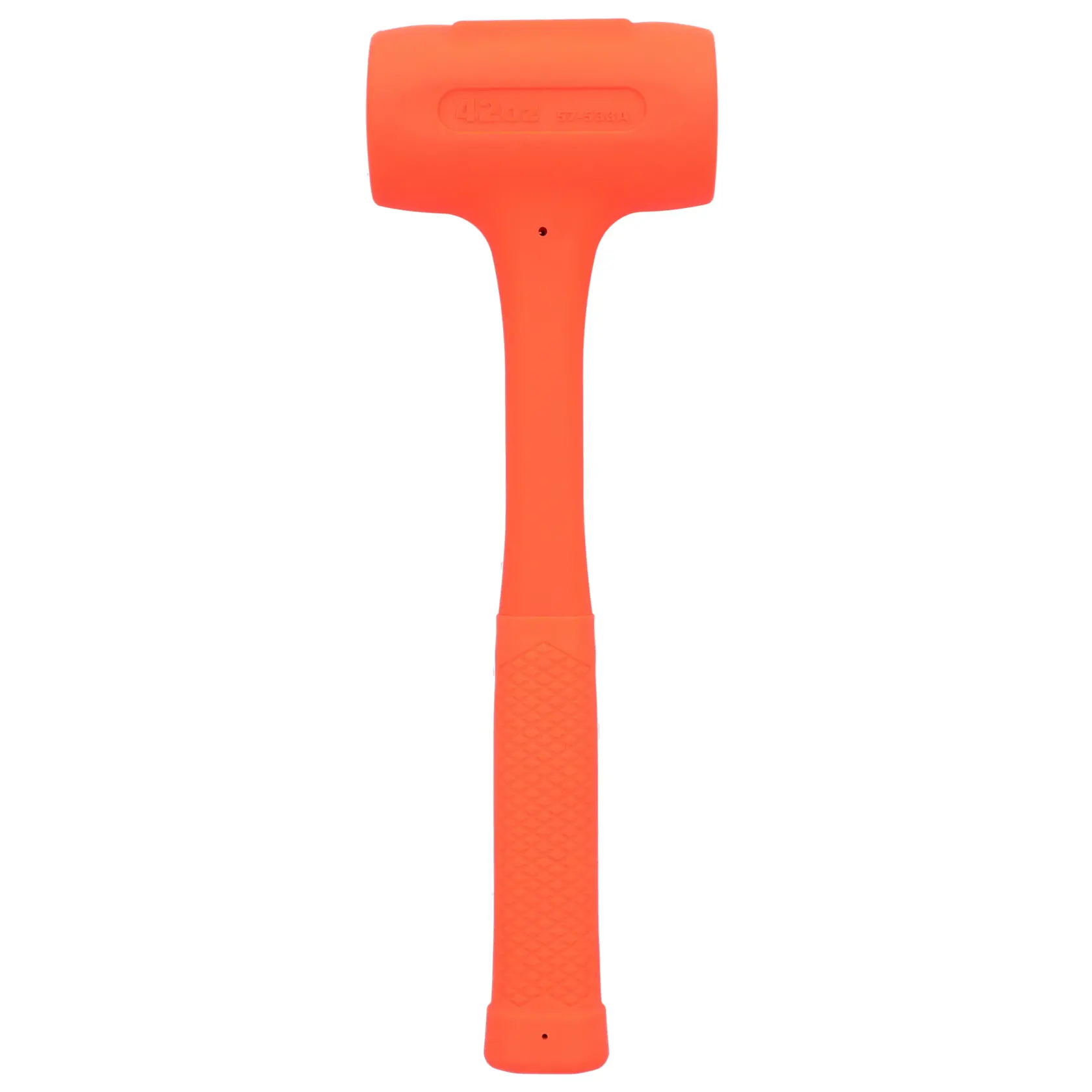 STANLEY STHT57533-0 orange dead blow hammer, front angle, textured handle, mallet type.