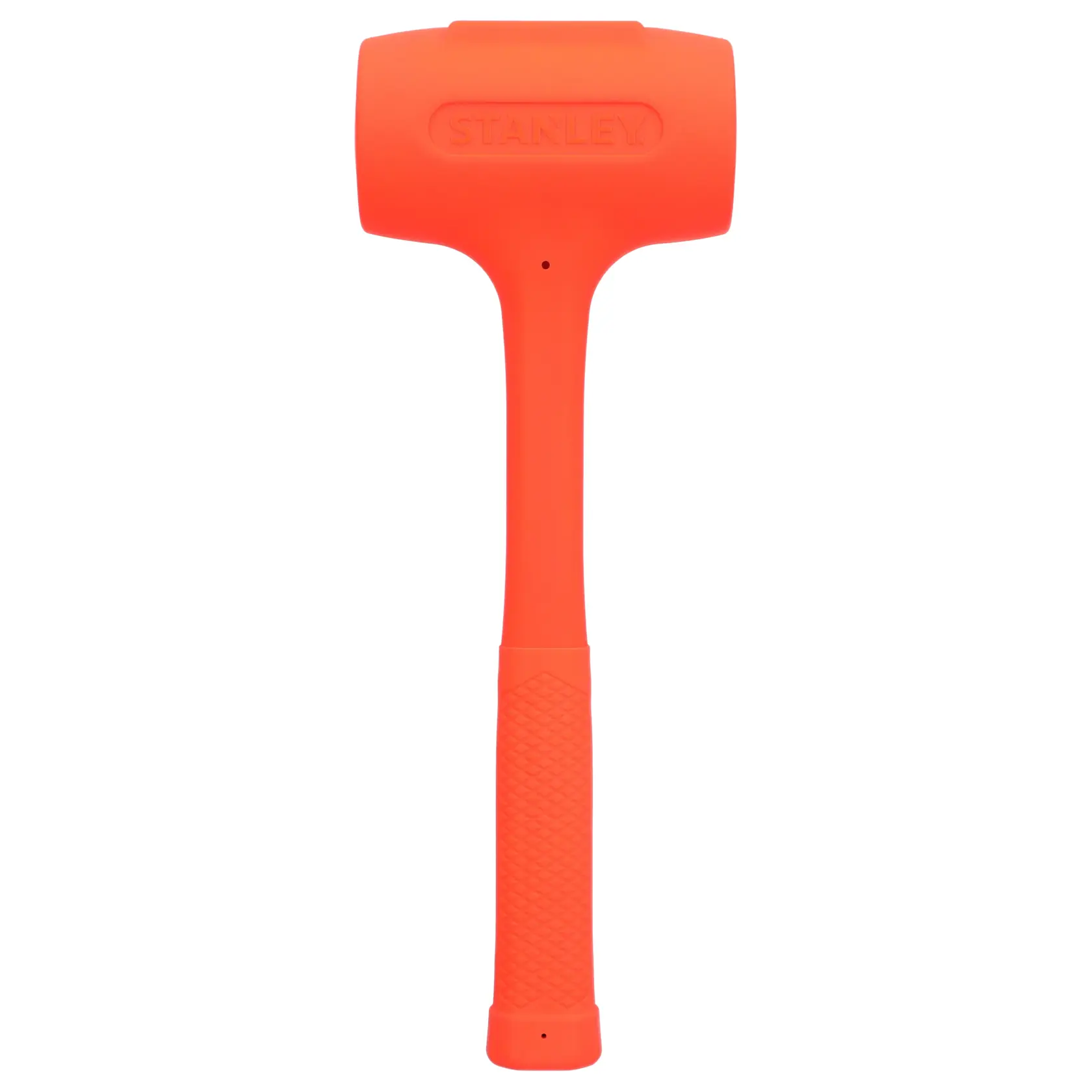 Photo of STANLEY STHT57534-0 orange dead blow hammer, textured handle, front angle, white background.
