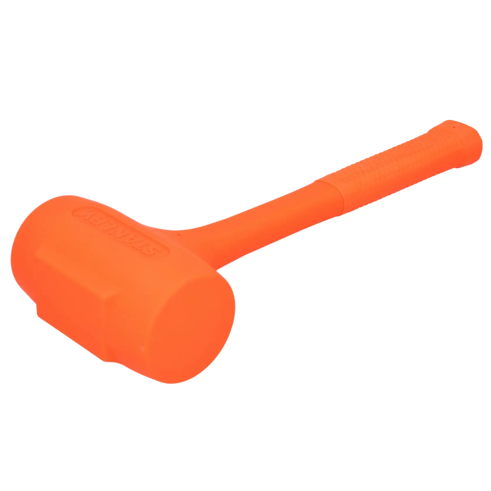 STANLEY STHT57534-0 orange dead blow hammer, side angle, textured grip handle, white background.