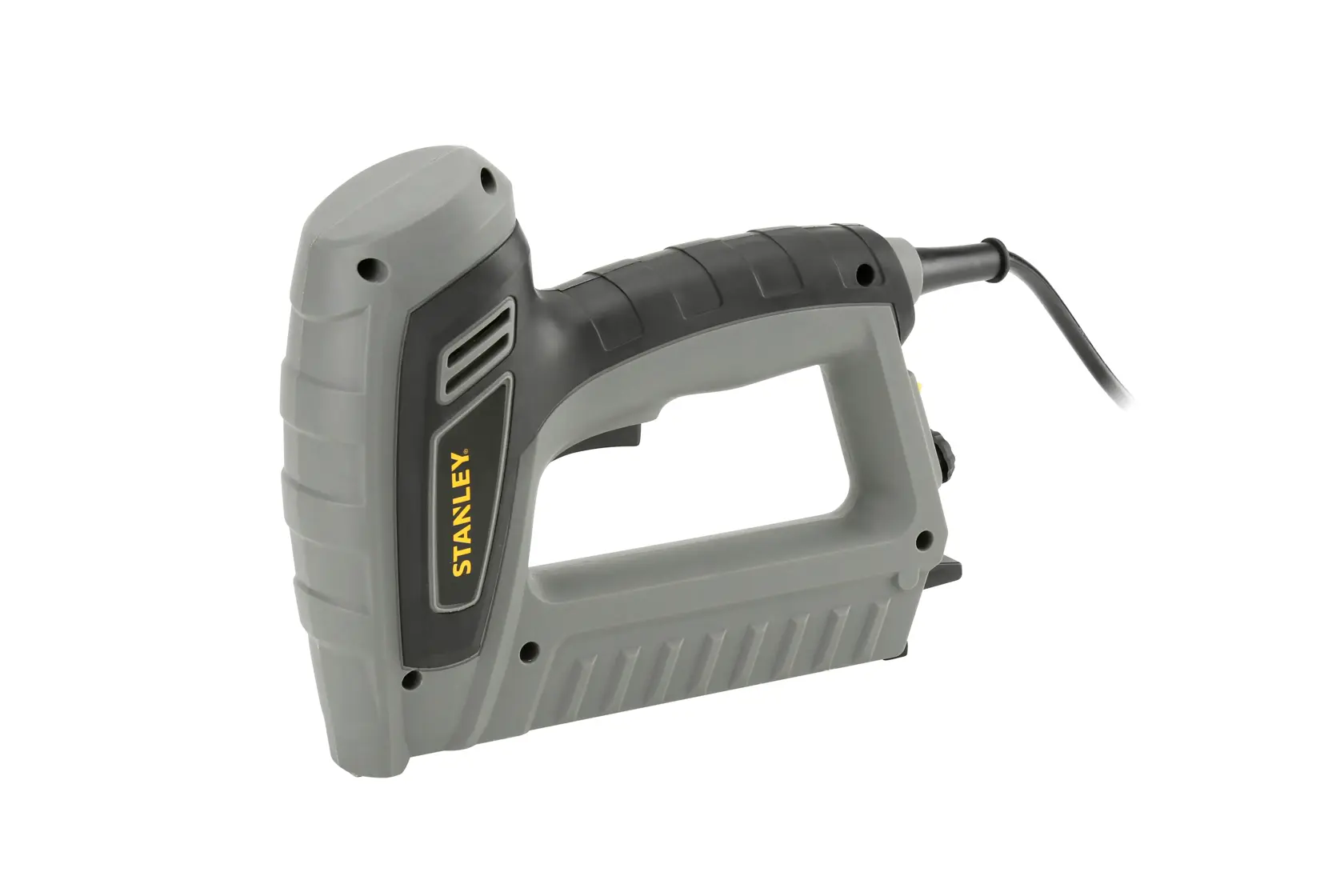 Stanley grey electric stapler with ergonomic grip and cord, shown on white background.