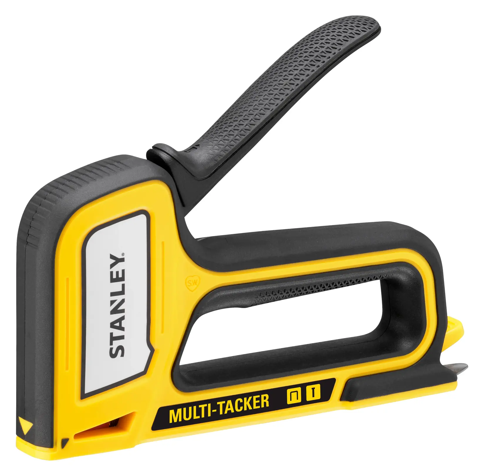 STANLEY STHT70440-0 yellow and black multi-tacker stapler side angle on white background.