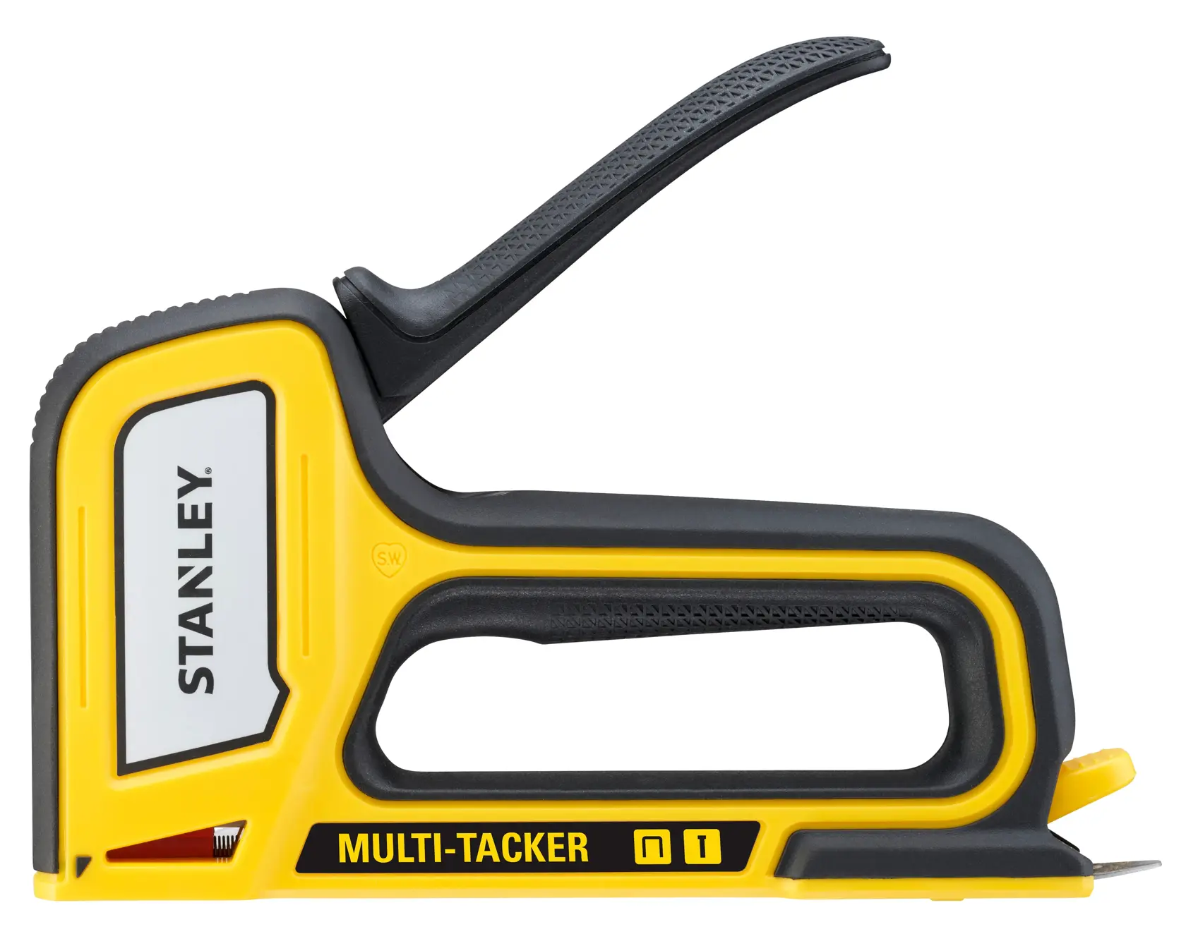 STANLEY STHT70440-0 yellow and black multi-tacker stapler, side view, on white background.