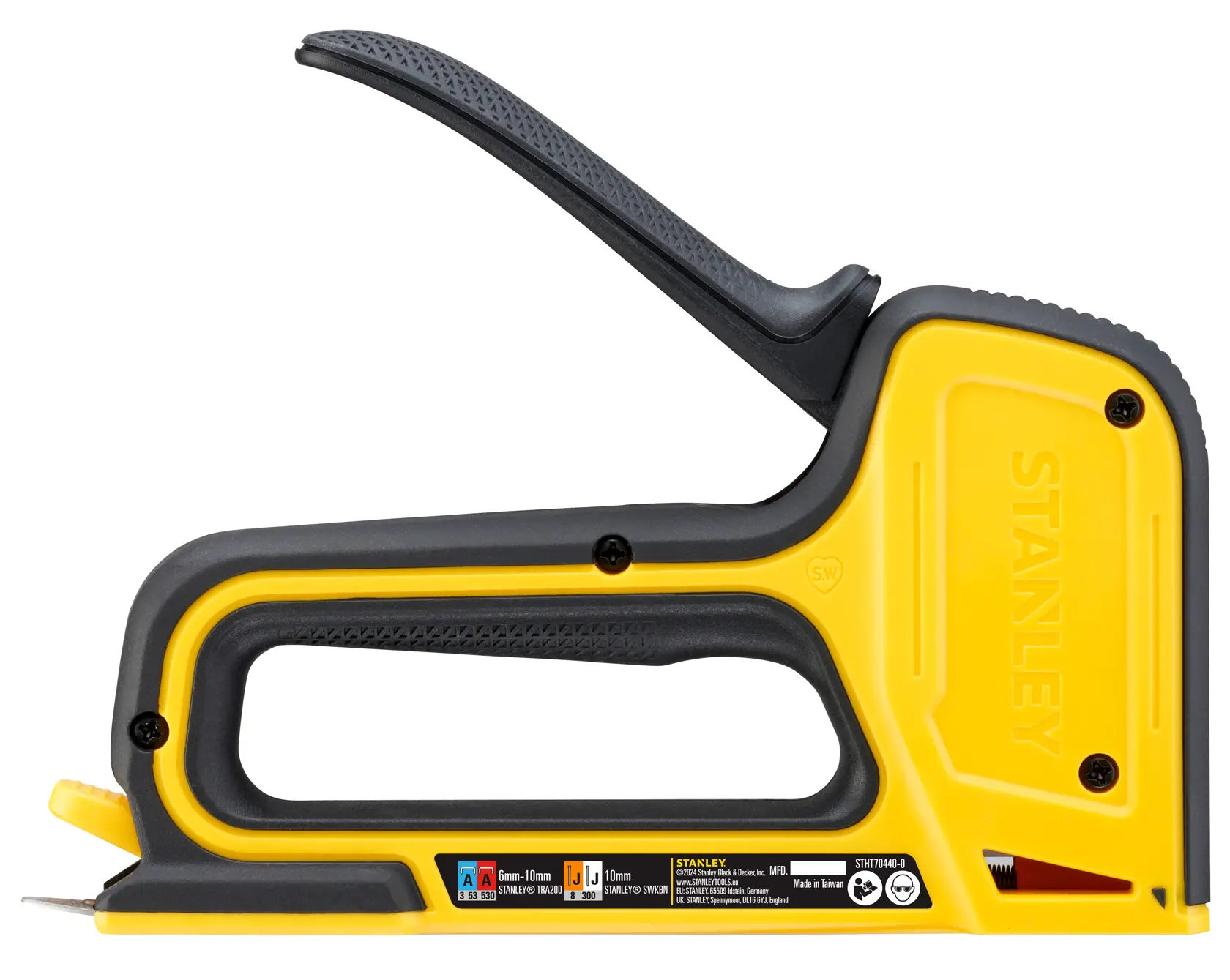STANLEY STHT70440-0 manual staple gun, yellow and black, side angle on white background.