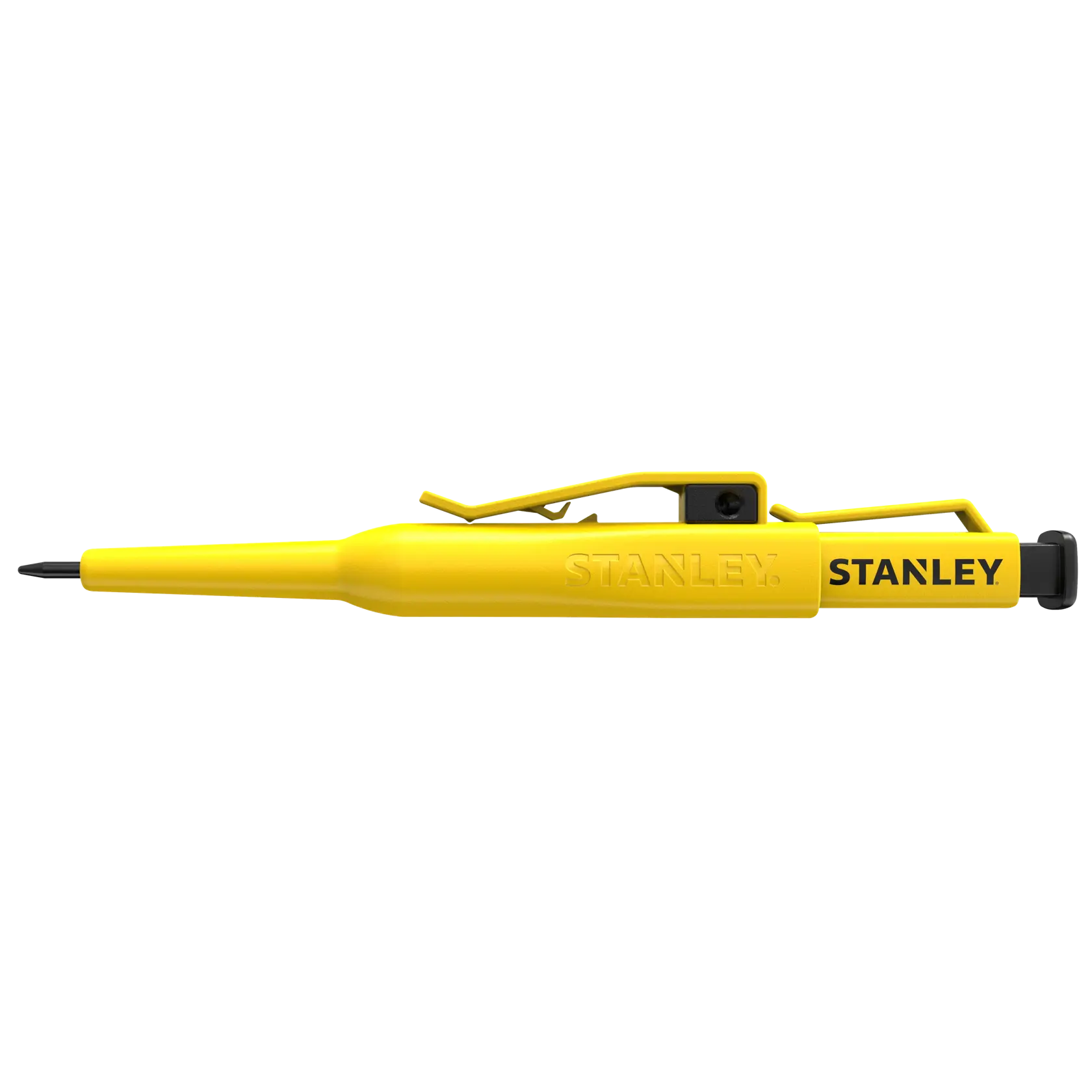 Stanley STHT72001 yellow marking pen, side view, with pocket clip and black tip on white background.