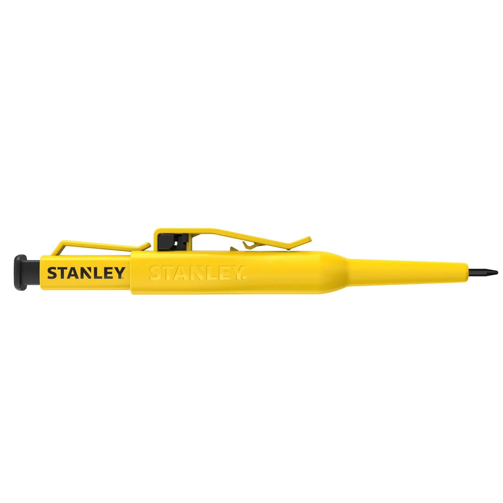 Photo of STANLEY STHT72001 yellow marking pencil with clip, side view, isolated on white background.