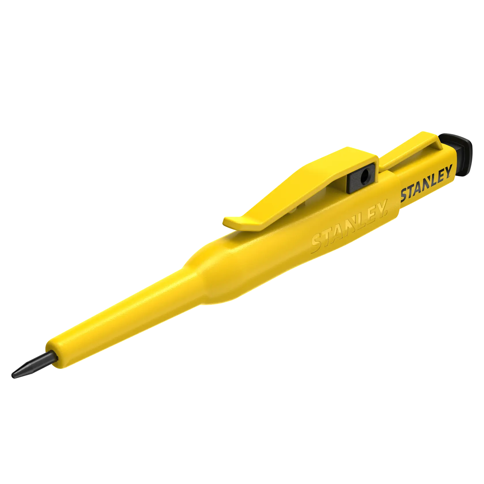 STANLEY STHT72001 yellow marking pencil with pocket clip, side view on white background.