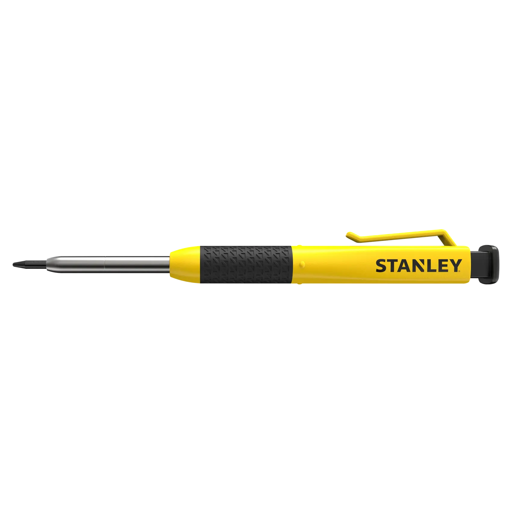 STANLEY STHT72002 yellow and black precision screwdriver with pocket clip, side view, white background.