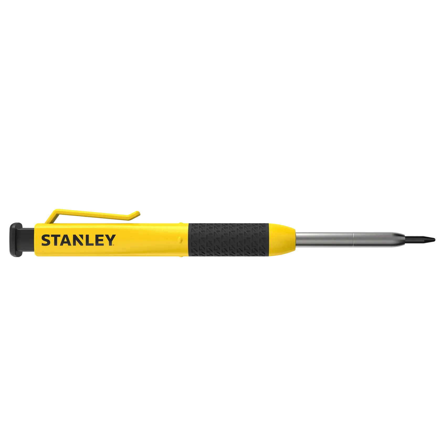 Photo of STANLEY STHT72002 yellow and black precision screwdriver with pocket clip, side view, on white background.