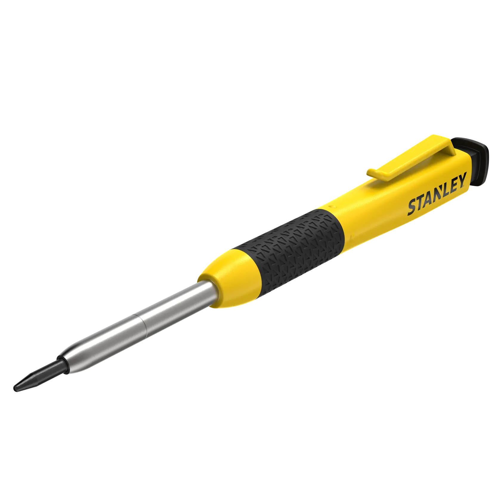 STANLEY STHT72002 yellow and black multi-bit screwdriver with textured grip, side angle, white background.