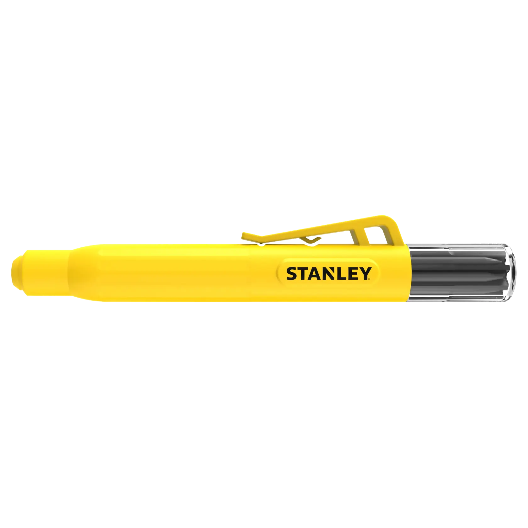 Photo of STANLEY STHT72006 yellow mechanical pencil with pocket clip, side view on white background.