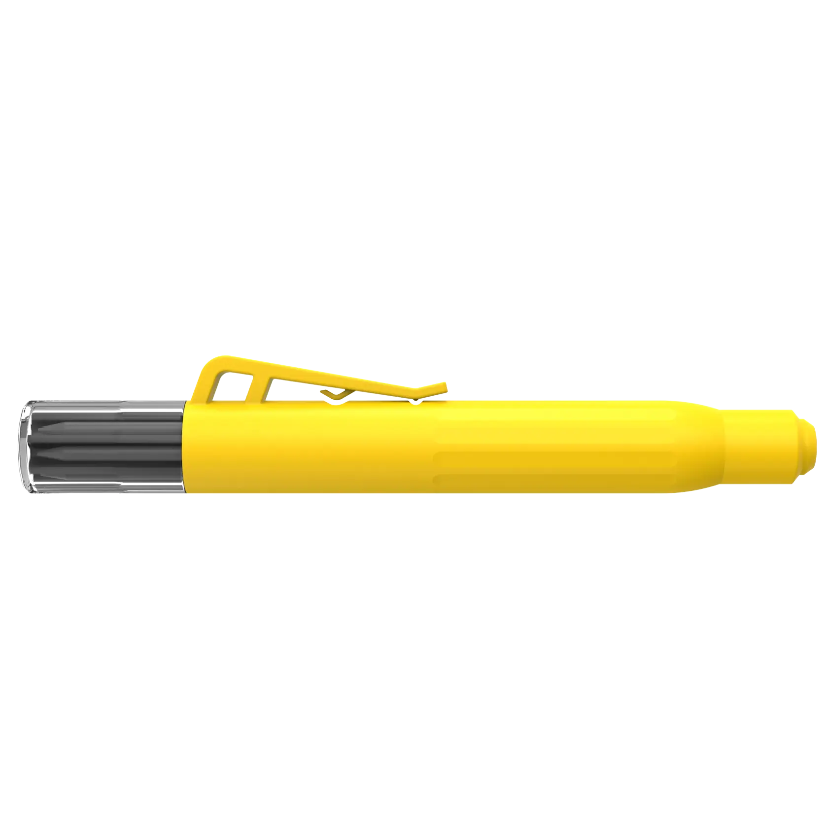 STANLEY STHT72006 yellow multi-bit screwdriver pen, side view on white background.