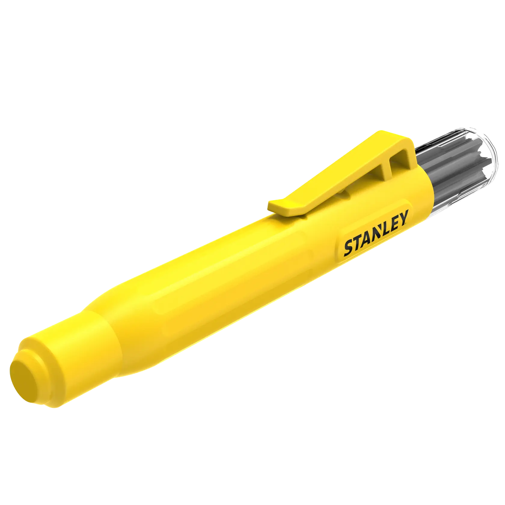 STANLEY STHT72006 yellow precision screwdriver with clip, angled view on white background.
