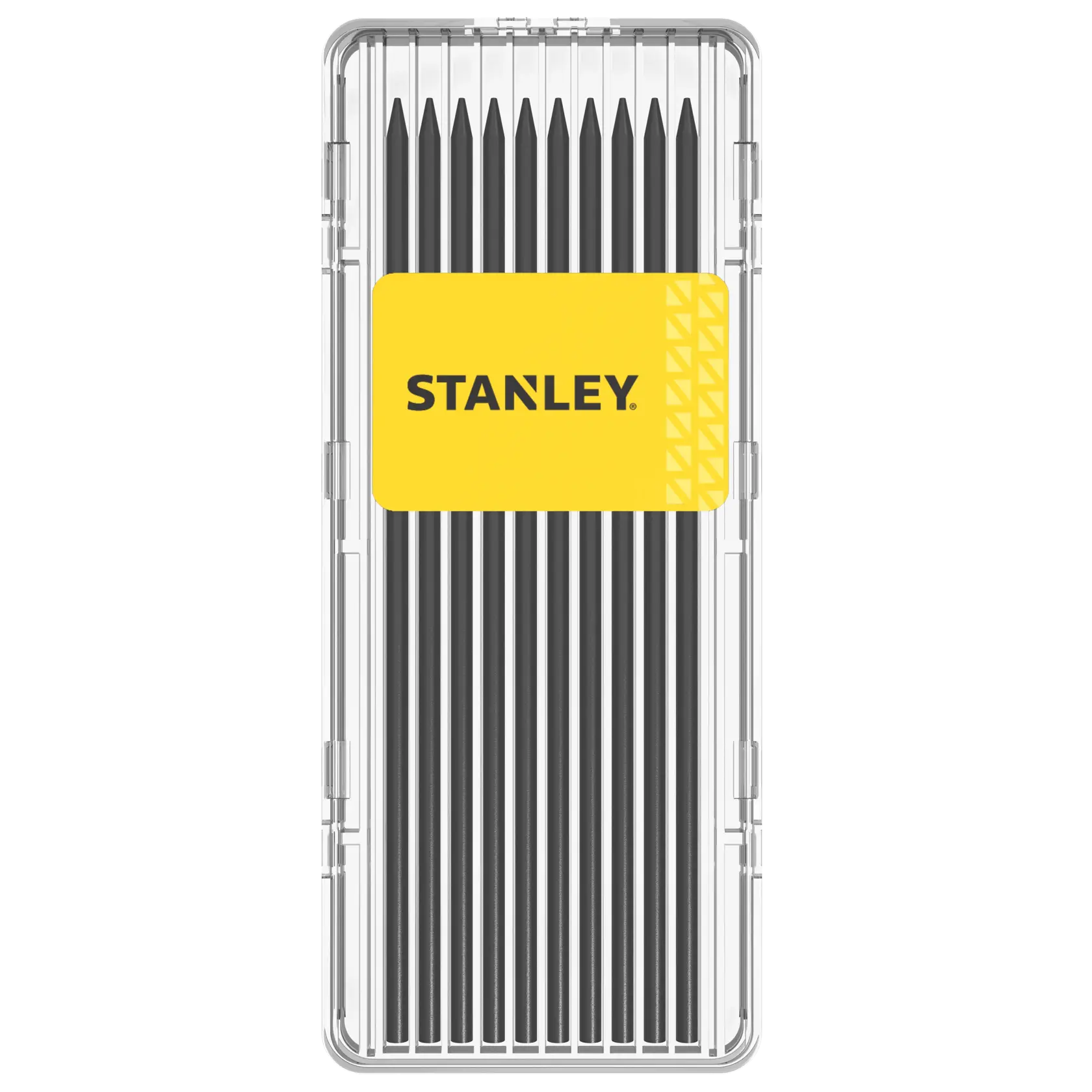Stanley precision tool set in a clear case with a yellow label, arranged neatly for easy access.
