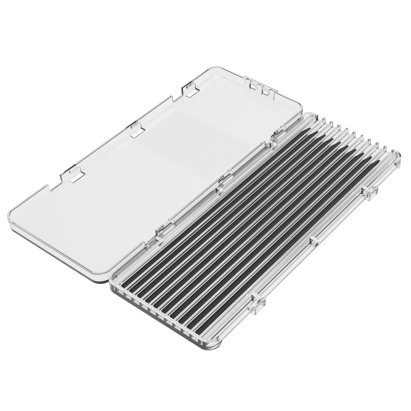 Transparent plastic storage box with a hinged lid and slots for organizing small items.