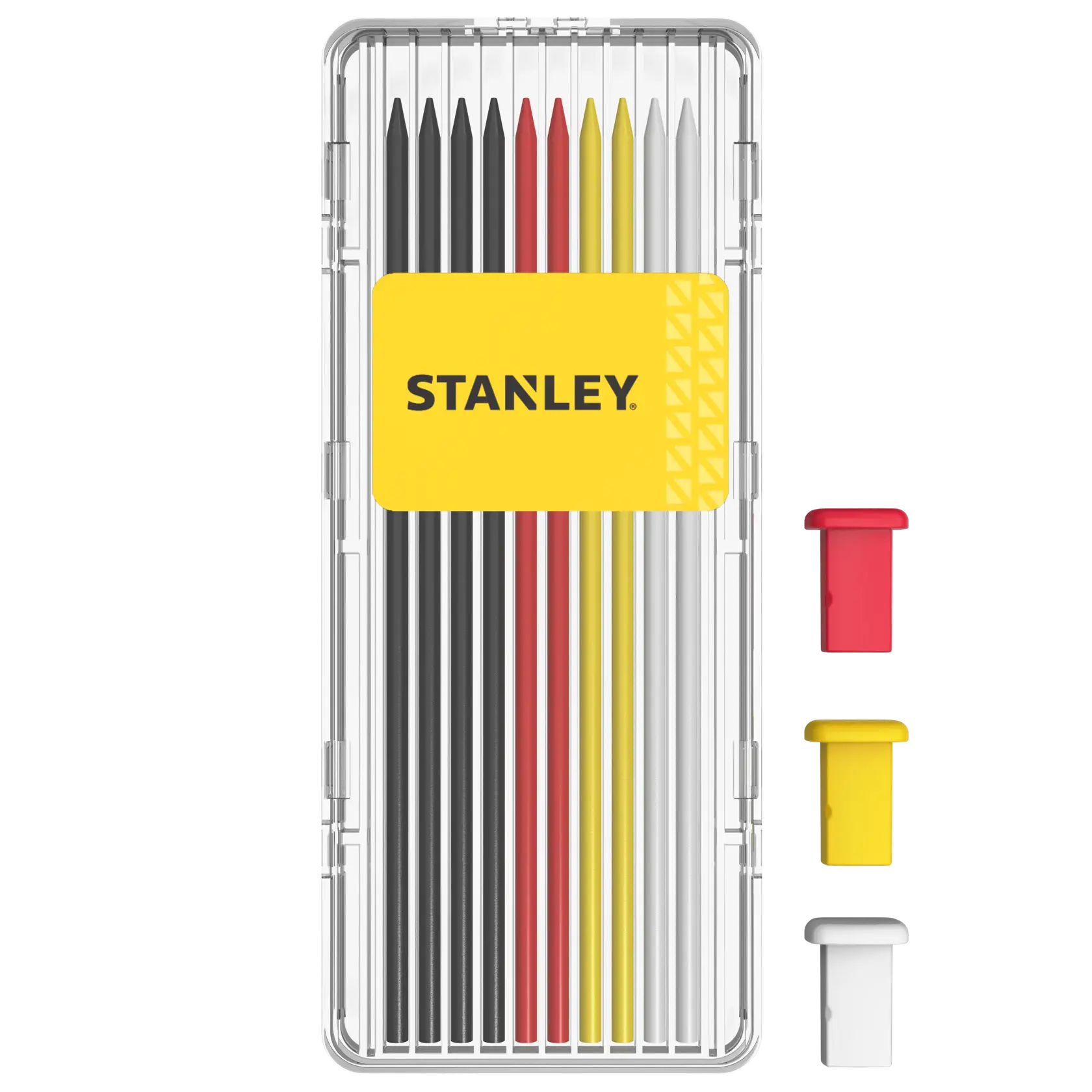 Stanley pencil refill set in clear case with red, yellow, and white pencil caps displayed.
