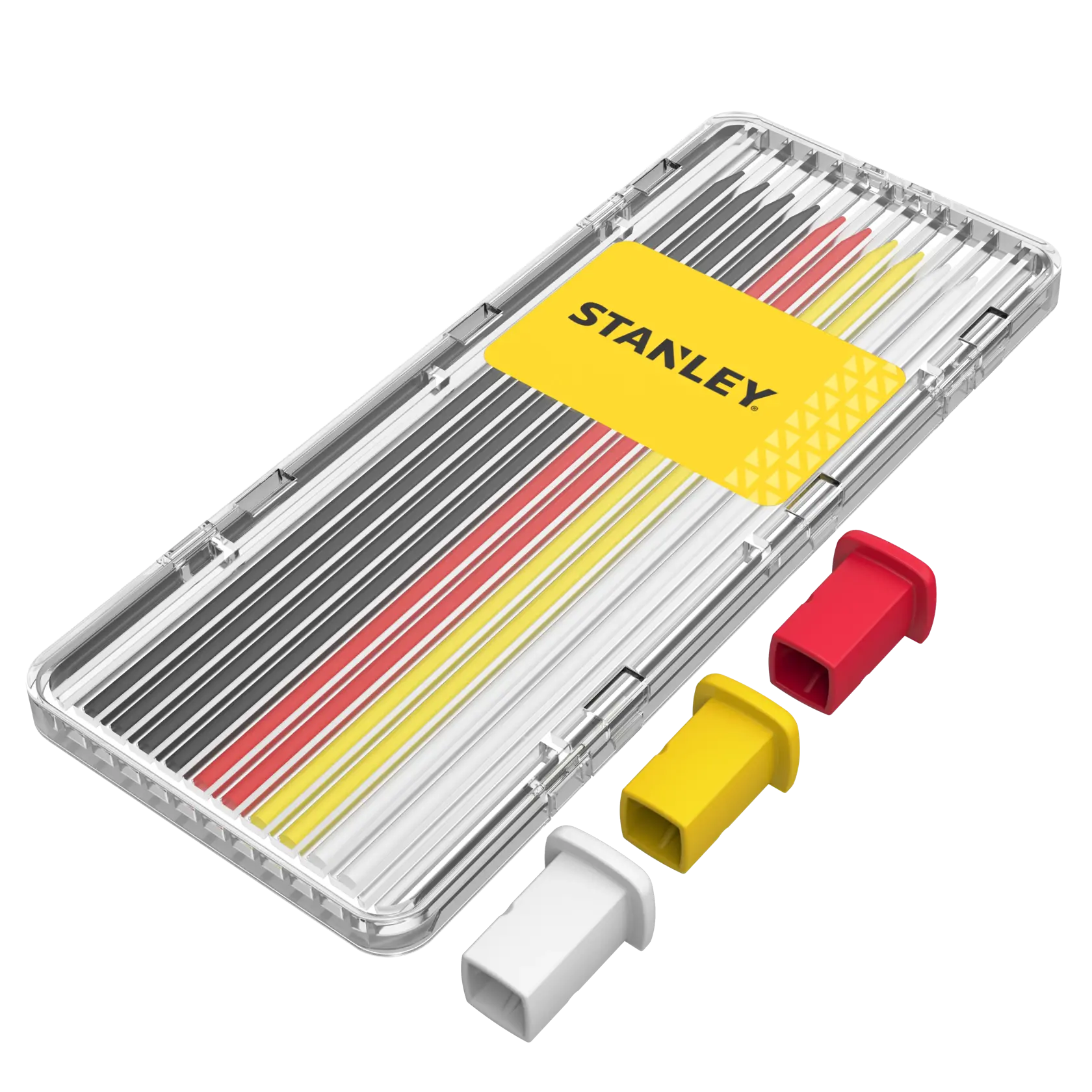 STANLEY set of colored photo markers in clear case with yellow, red, and white caps shown separately.