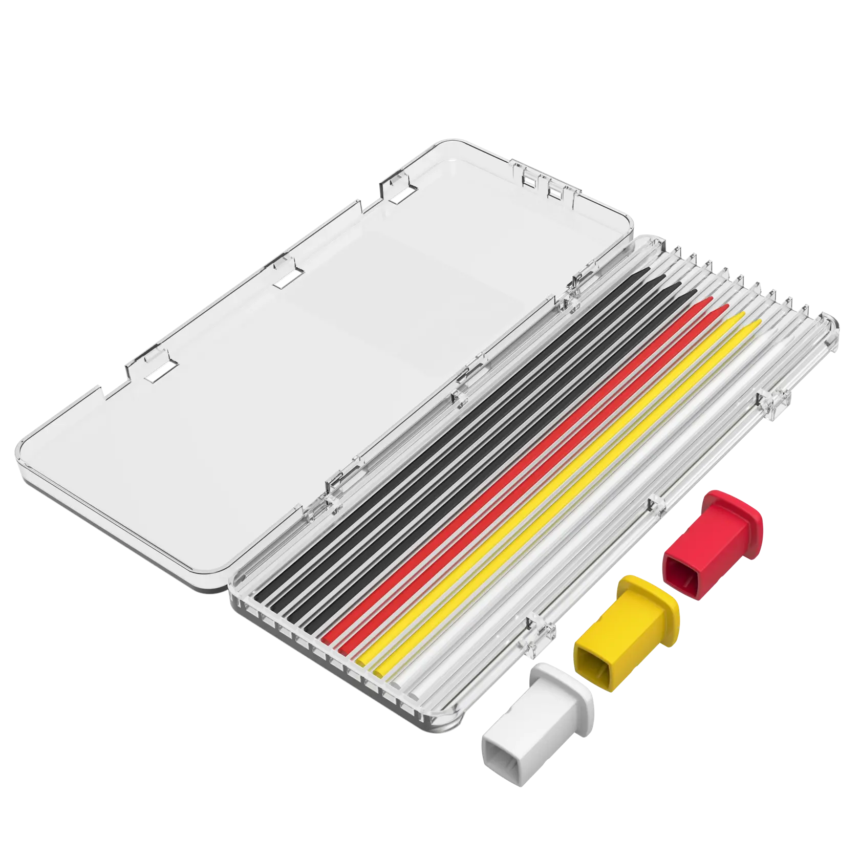 Plastic case with colored rods and three plastic end caps in red, yellow, and white for photography setup.
