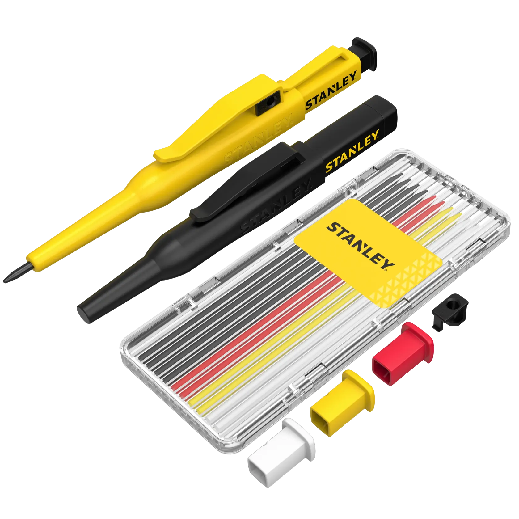 Stanley marking pencils set with refill leads and colored caps, shown with transparent storage case.