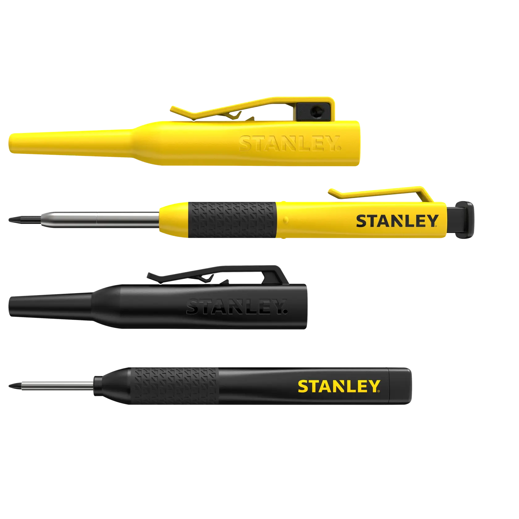 STANLEY STHT72010-0 pocket screwdriver set, two yellow and two black screwdrivers, side view on white background.