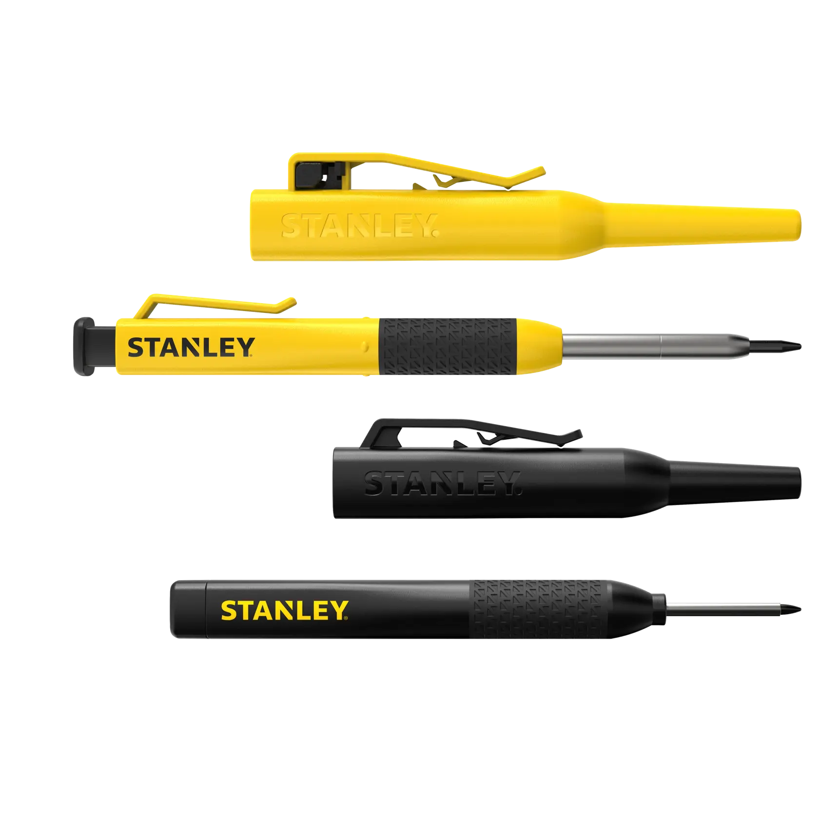 STANLEY STHT72010-0 screwdriver set, two yellow and two black pen-style screwdrivers, side and front view, white background.
