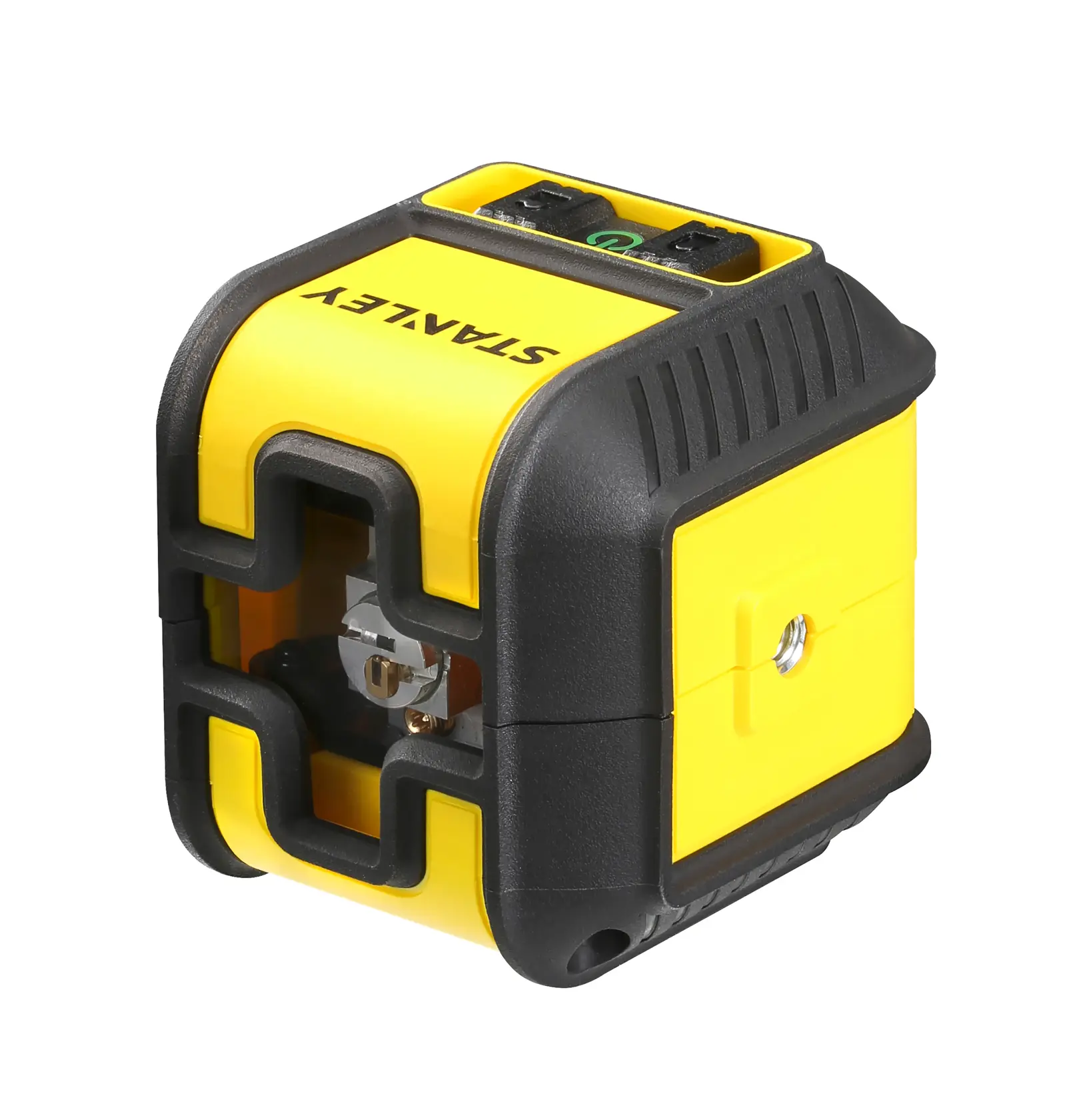 STANLEY STHT77499-1 yellow and black laser level, angled view, compact cube design.