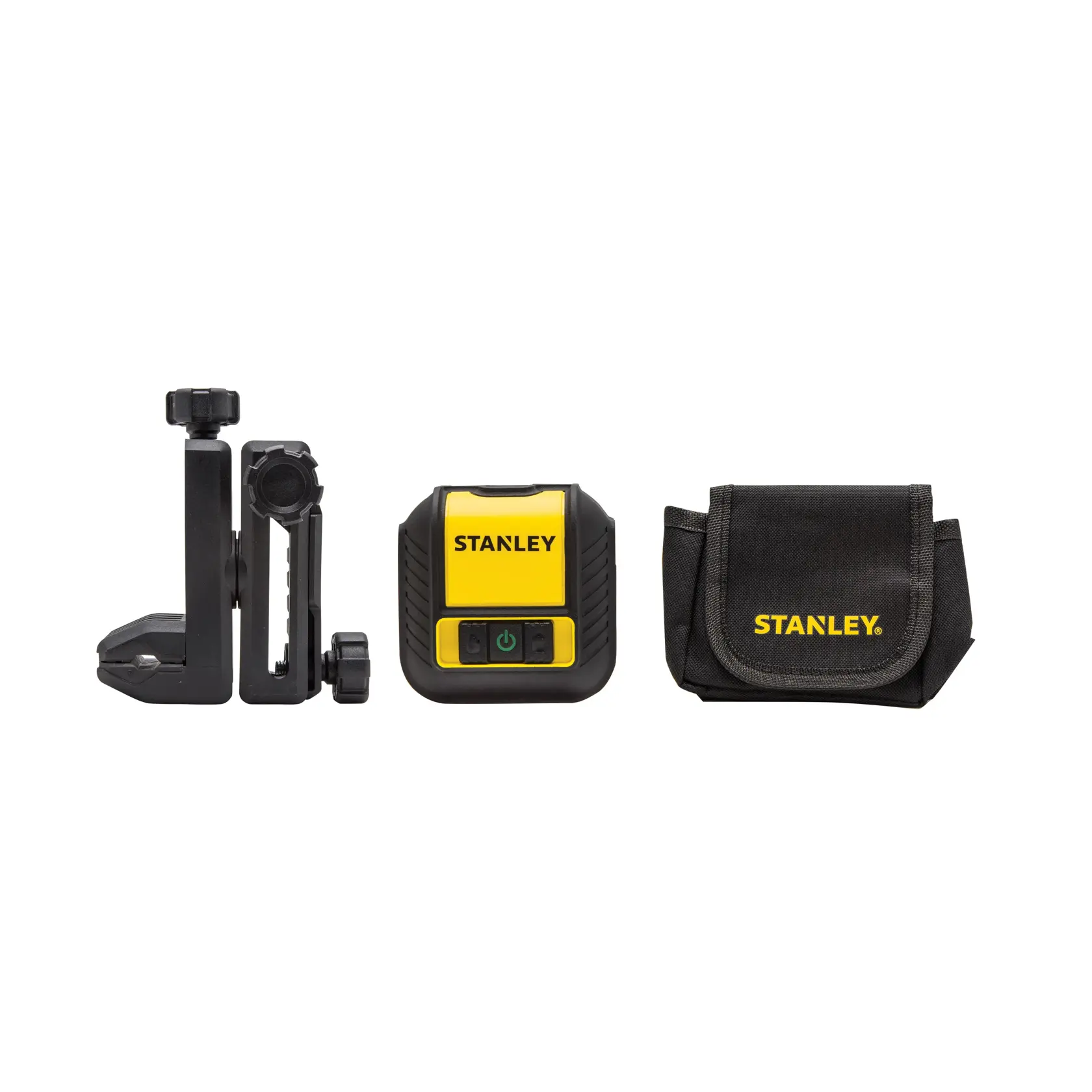 Photo of STANLEY STHT77499-1 yellow and black laser level kit with bracket and pouch, front angle.