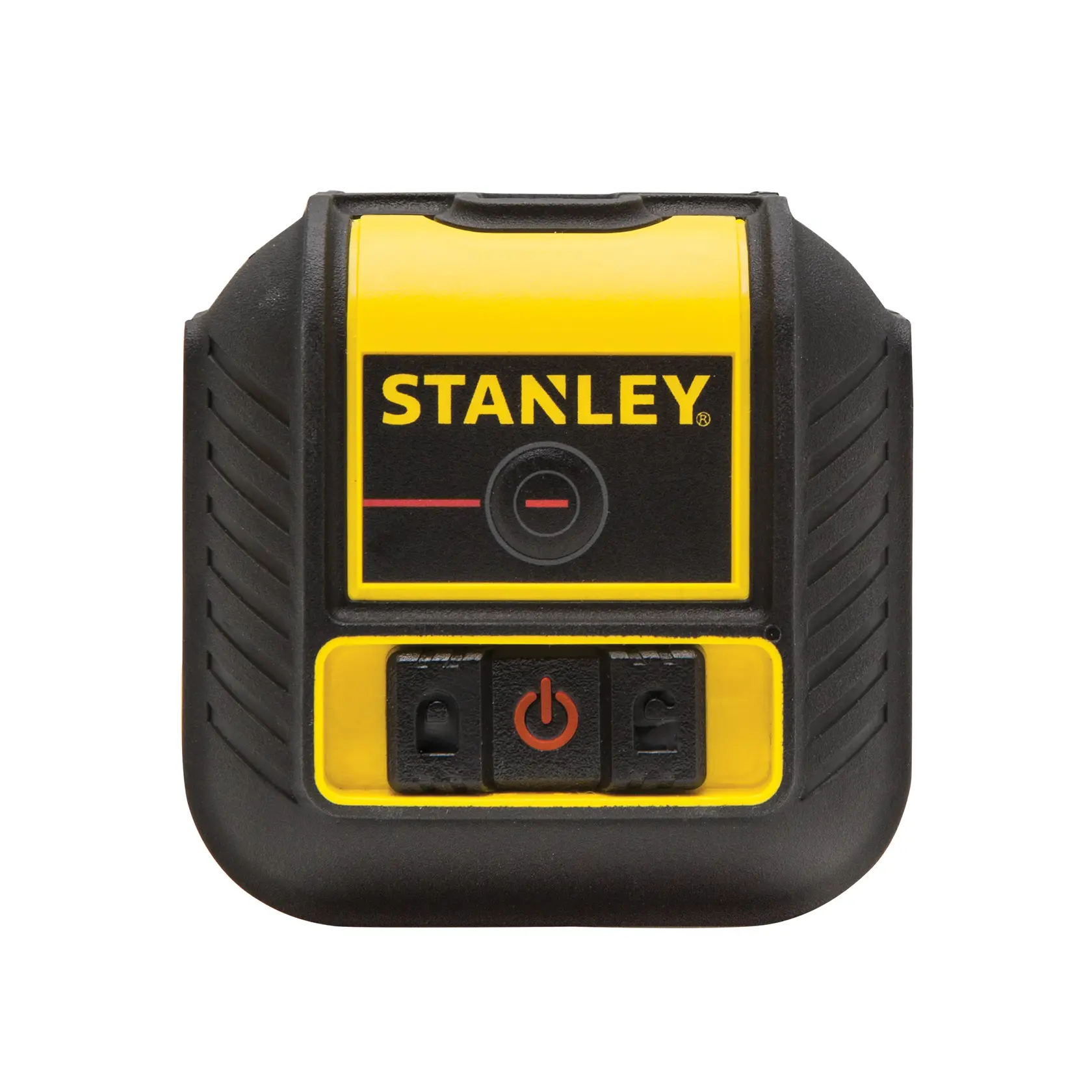 Front view photo of STANLEY laser level STHT77502-1, yellow and black, with power button and control icons.