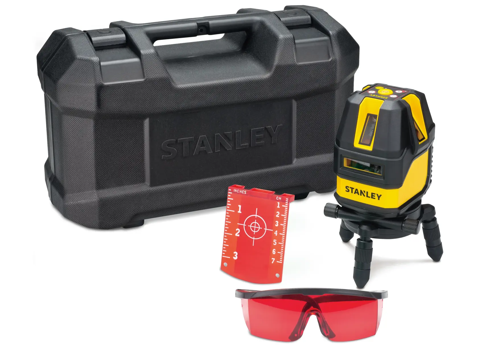 Stanley laser level set with hard case, tripod, red target card, and red safety glasses.