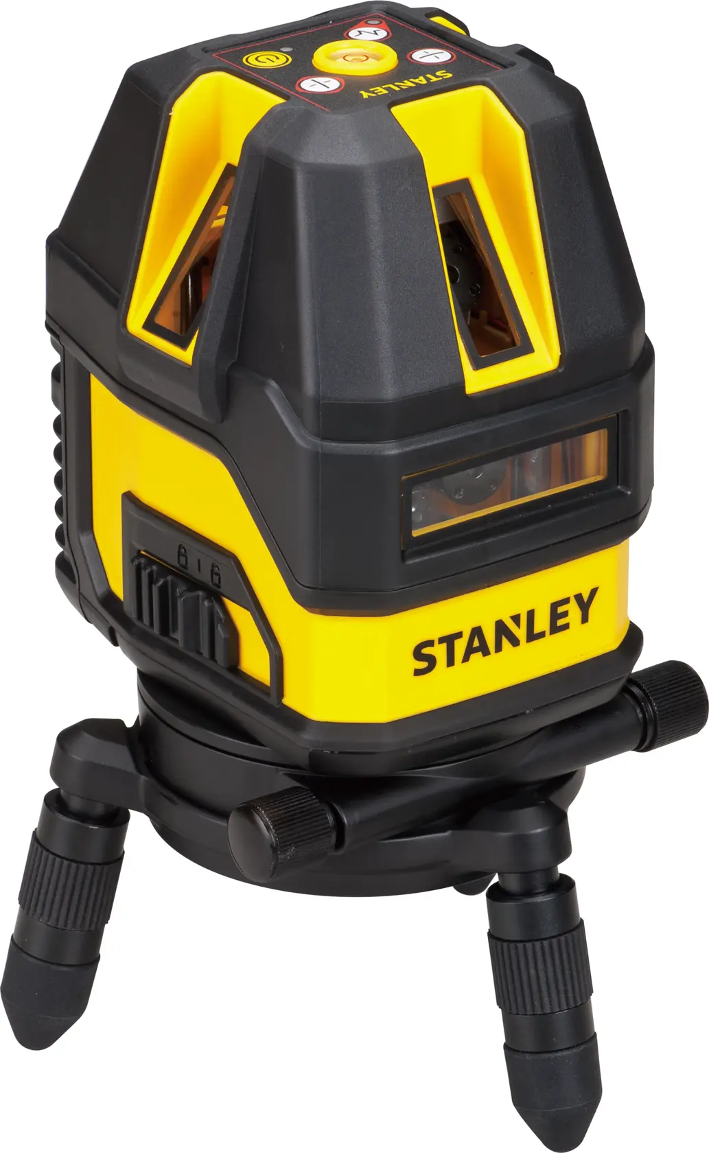 STANLEY STHT77514-1 multi-line laser level, yellow and black, tripod base, front angle photo.