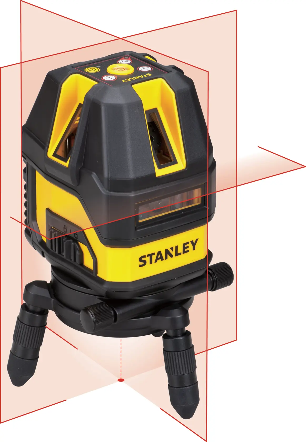 Photo of STANLEY STHT77514-1 laser level with tripod, black and yellow, front angle view.