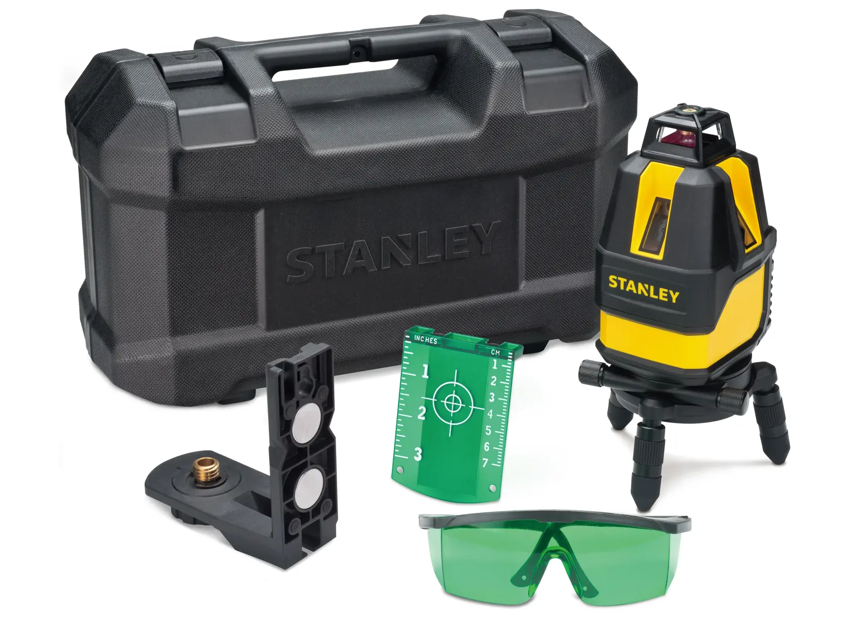 Stanley laser level kit with hard case, tripod, green glasses, target plate, and mounting bracket.