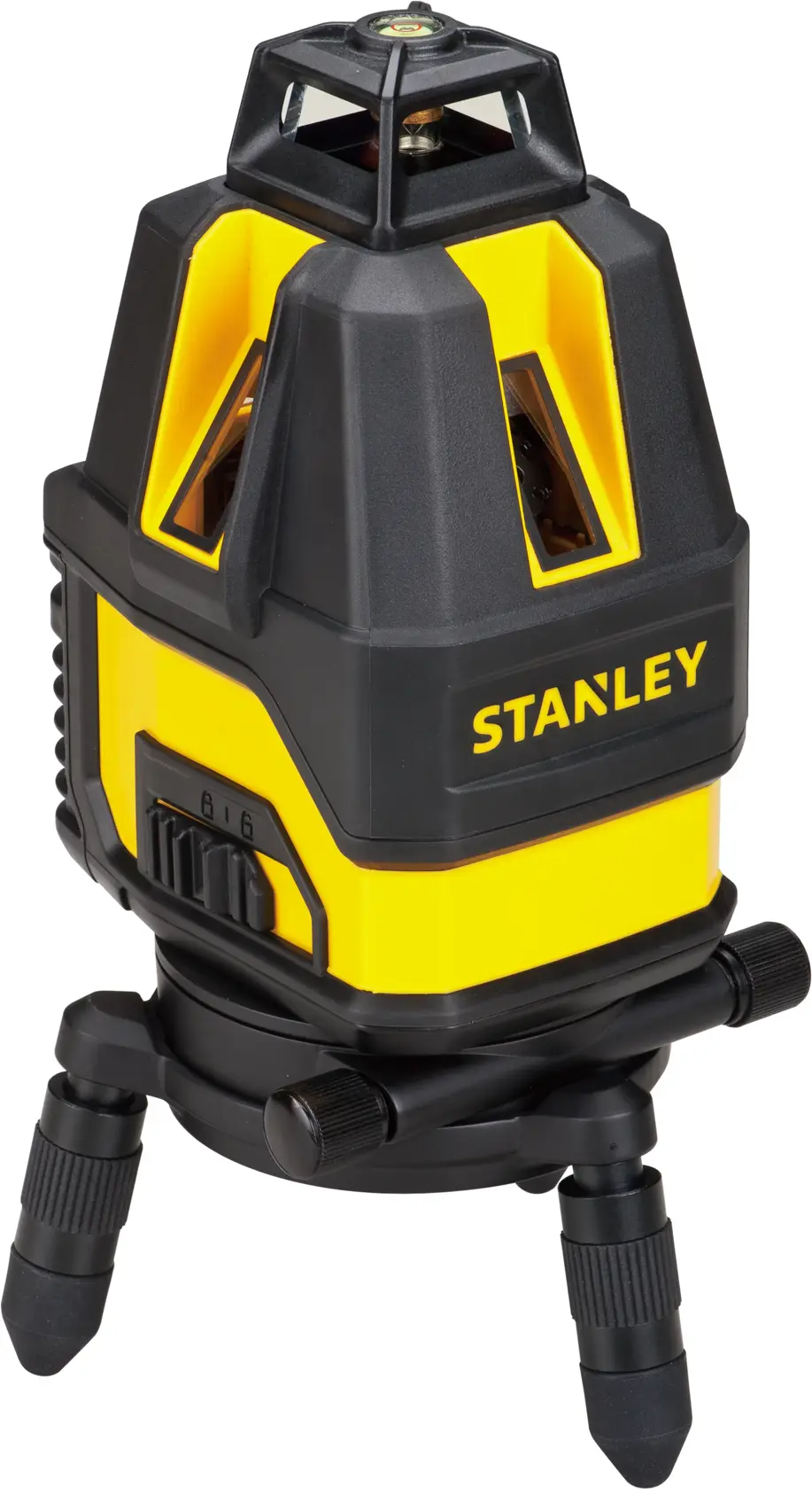 Photo of STANLEY STHT77524-1 yellow and black rotary laser level on tripod, front angle, photography product.