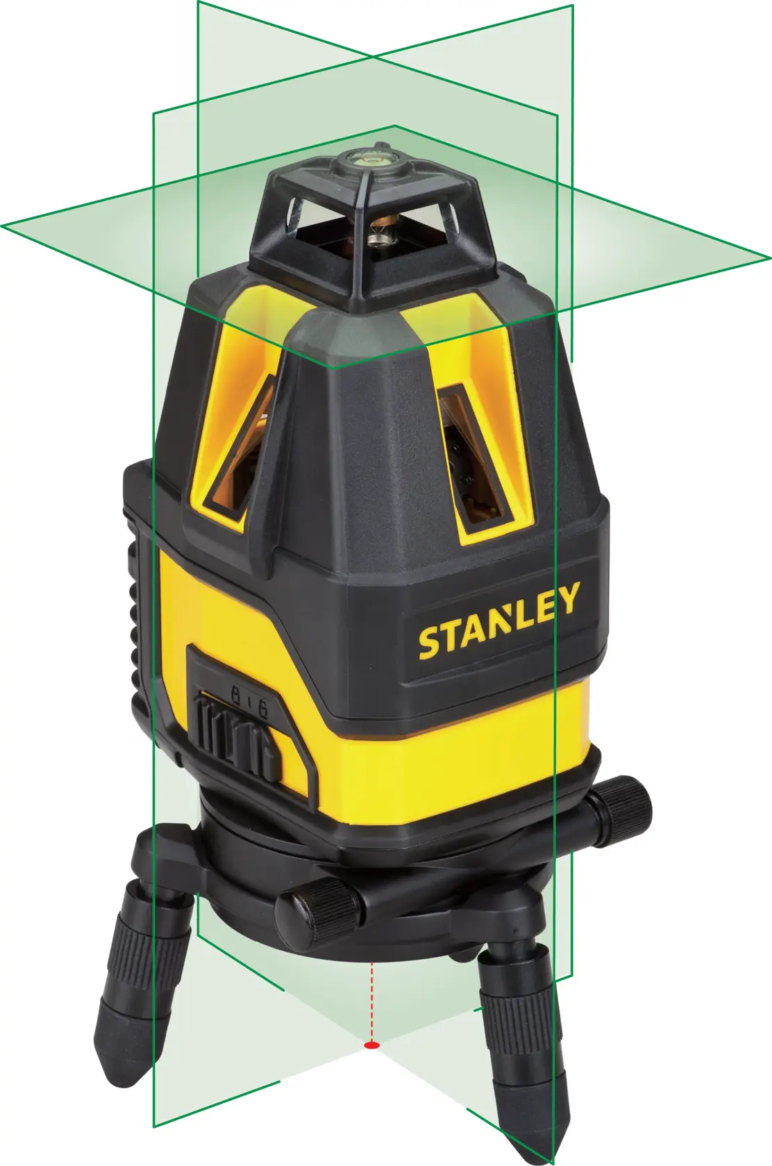 Photo of STANLEY STHT77524-1 laser level with tripod base and green laser lines, front angle on white background.