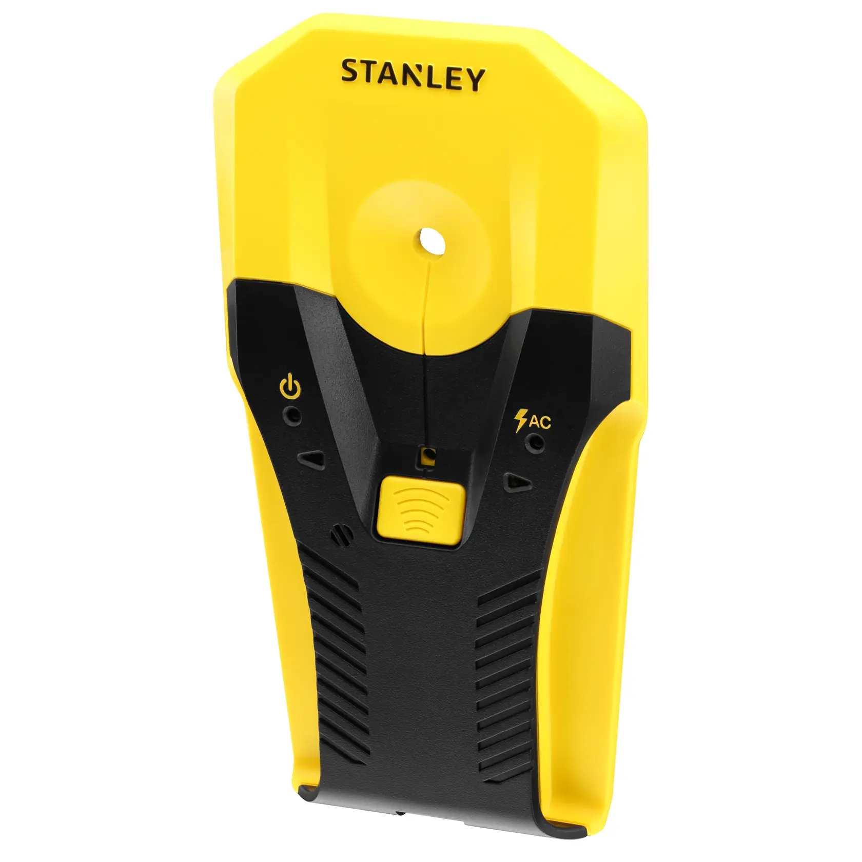 STANLEY STHT77588-0 yellow and black stud finder, handheld front angle, with power and AC indicators.