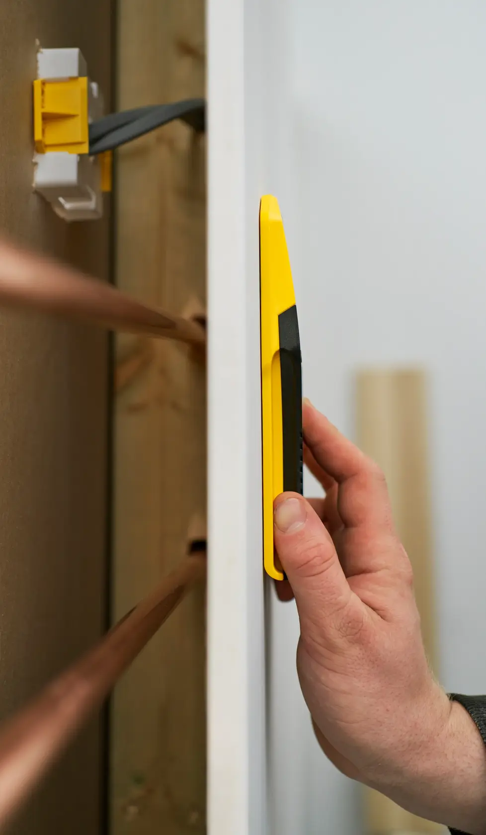 STANLEY STHT77588-0 yellow stud finder held against wall, close-up side angle, electrical wires in background