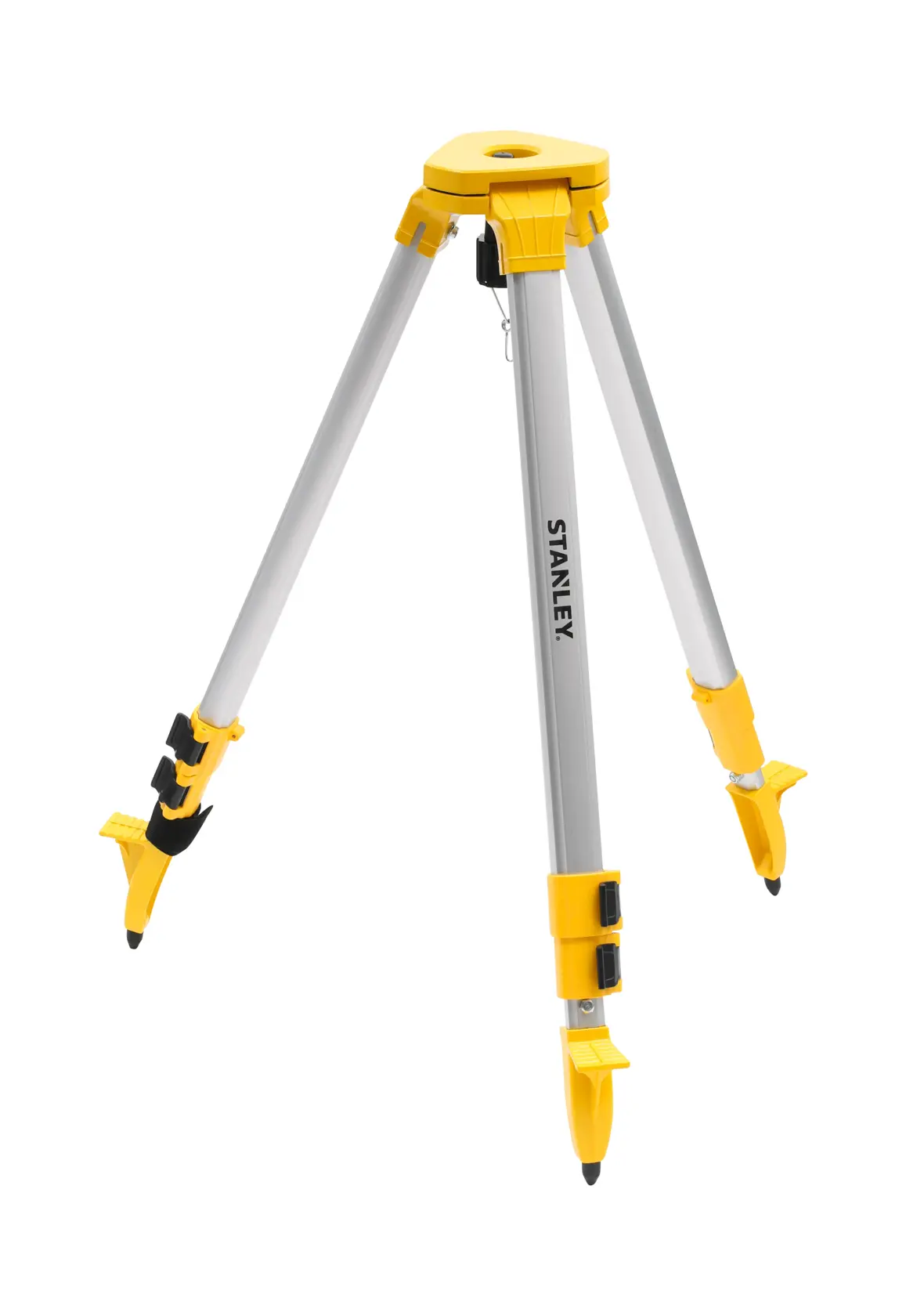 Photo of STANLEY STHT77625-1 aluminum tripod for photography, silver and yellow, front angle on white background.