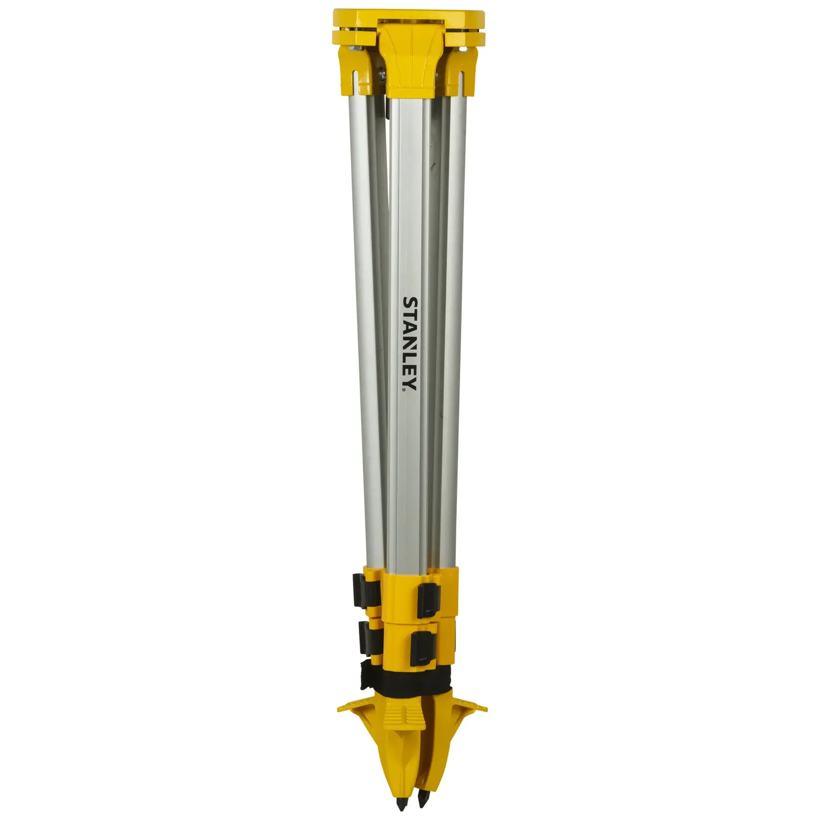 Stanley aluminum tripod folded, yellow and silver, with black clamps, used for photography and surveying.