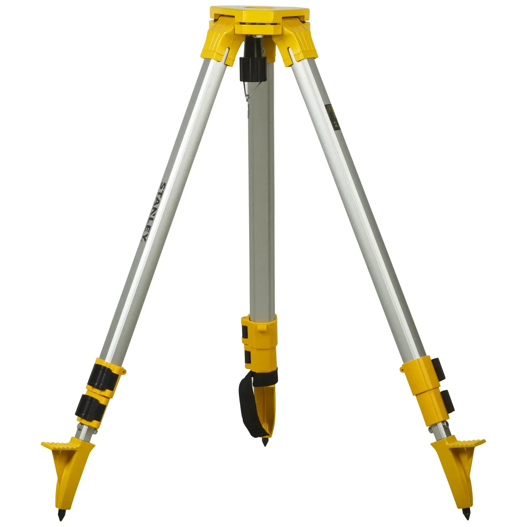 Stanley aluminum tripod with yellow accents for photography or surveying, featuring adjustable legs.