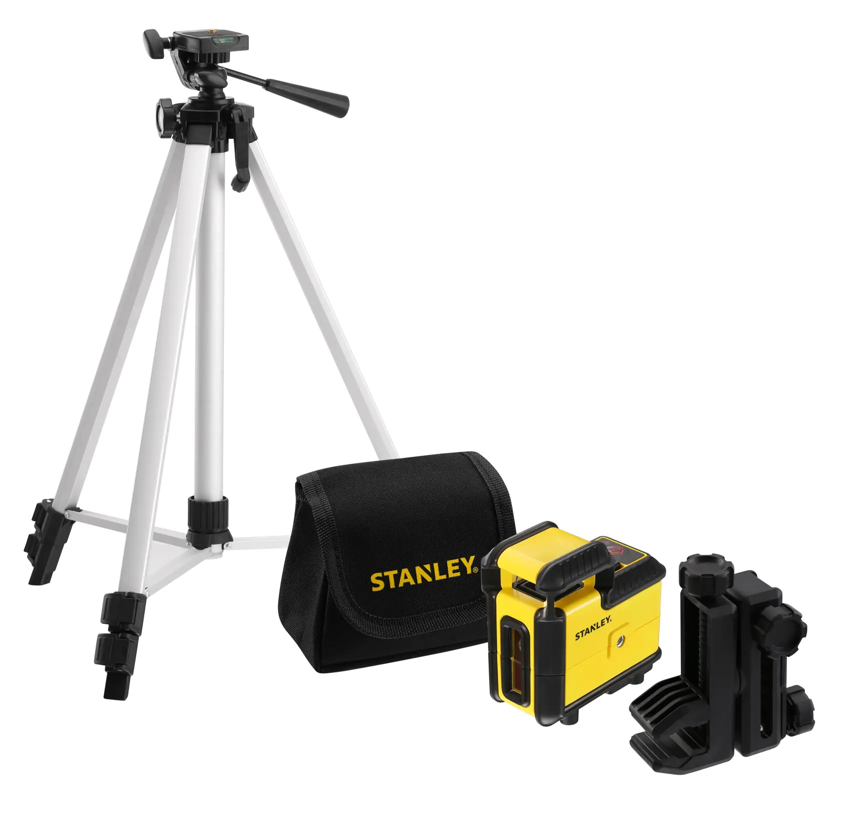 Stanley laser level kit with tripod, yellow device, black case, and mounting accessories.