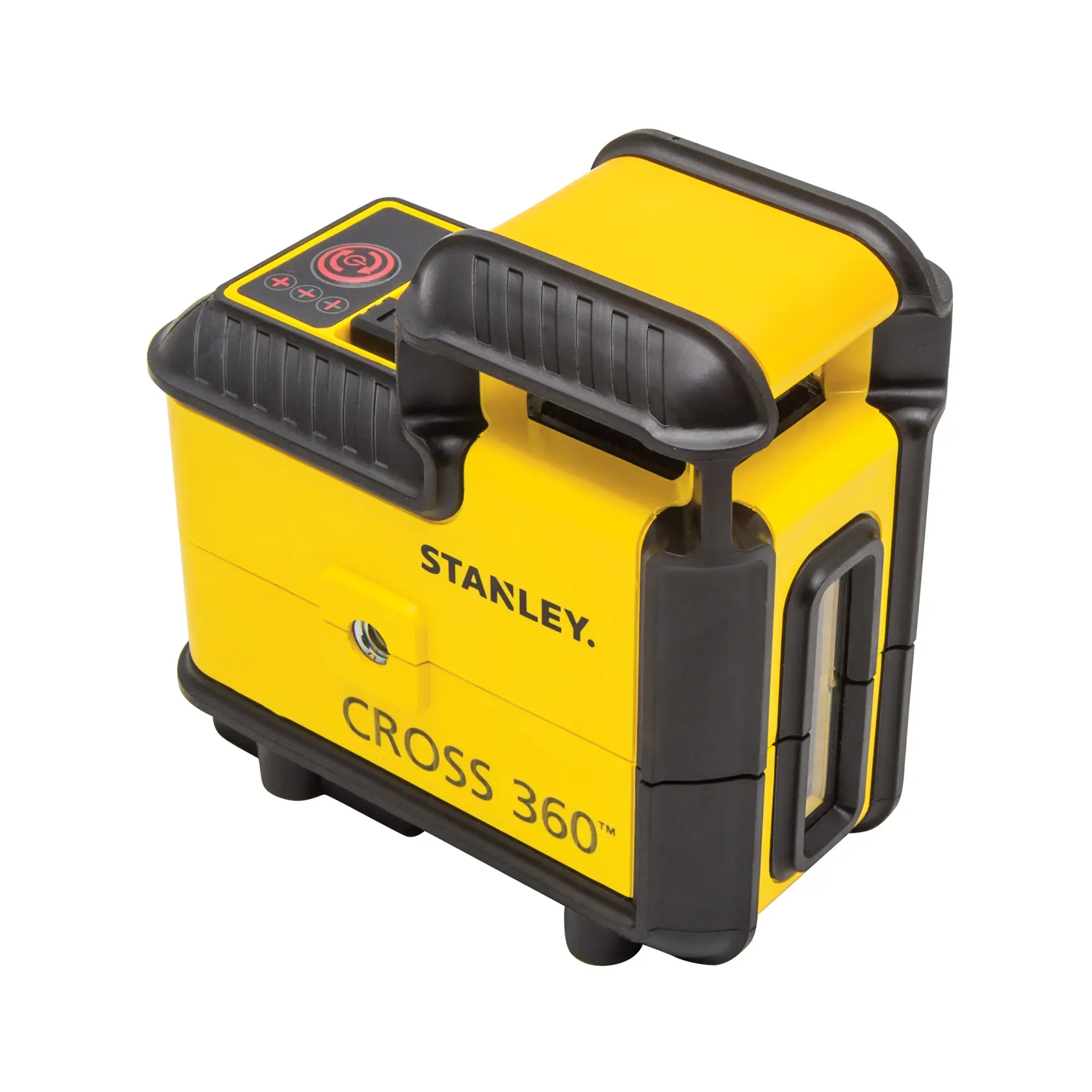 STANLEY STHT77640-1 CROSS 360 yellow and black laser level with top handle, product photography, angled view.