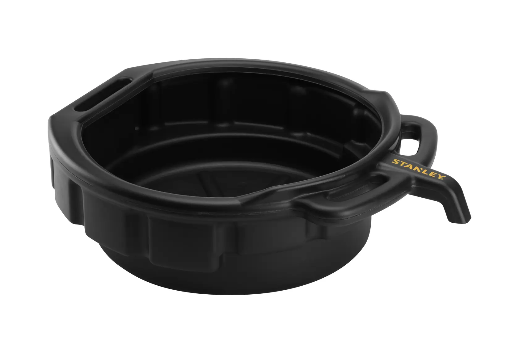 STANLEY STHT80878-1 black plastic oil drain pan, top angle photo.